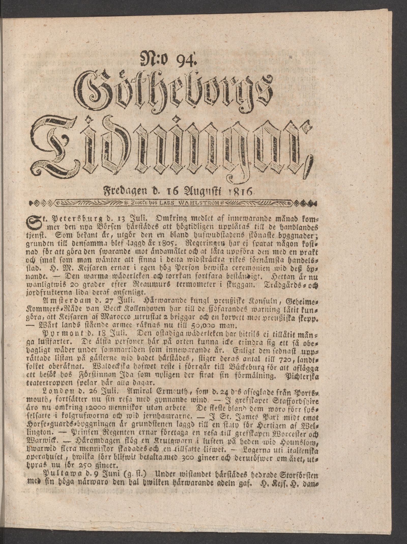 Tidningssida ur GÖTHEBORGS TIDNINGAR, 1816-08-16