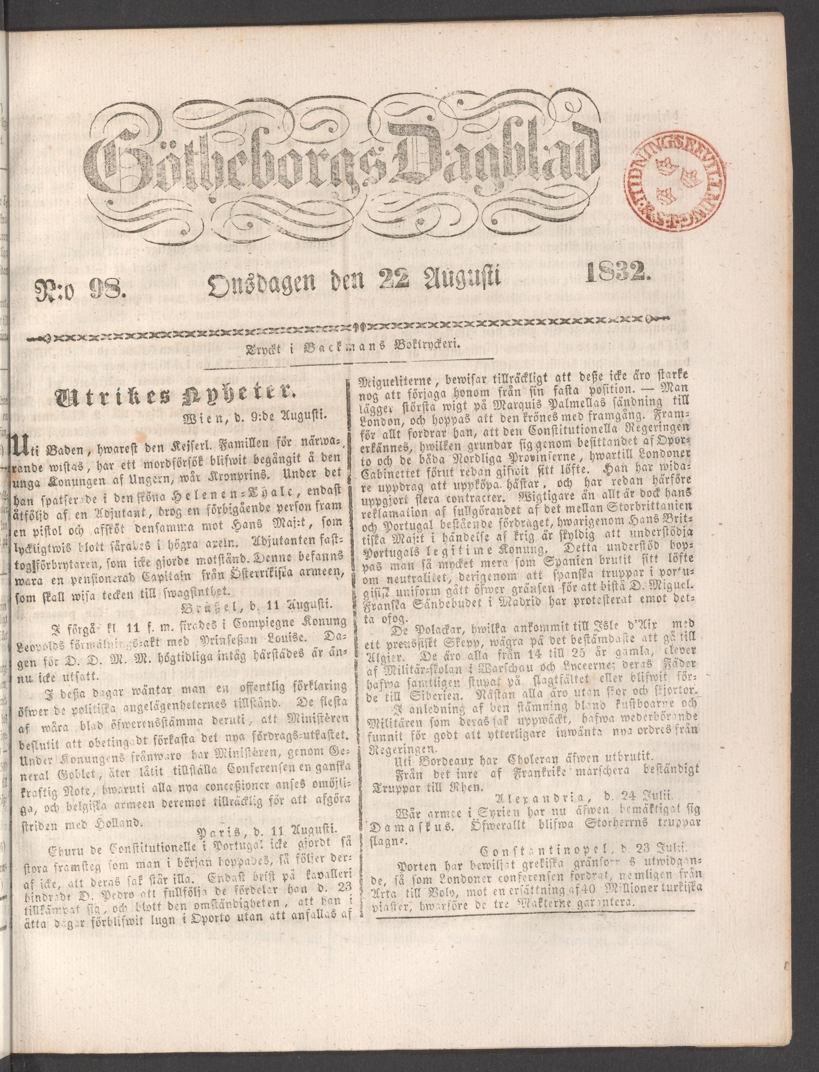 Tidningssida ur GÖTHEBORGS DAGBLAD, 1832-08-22