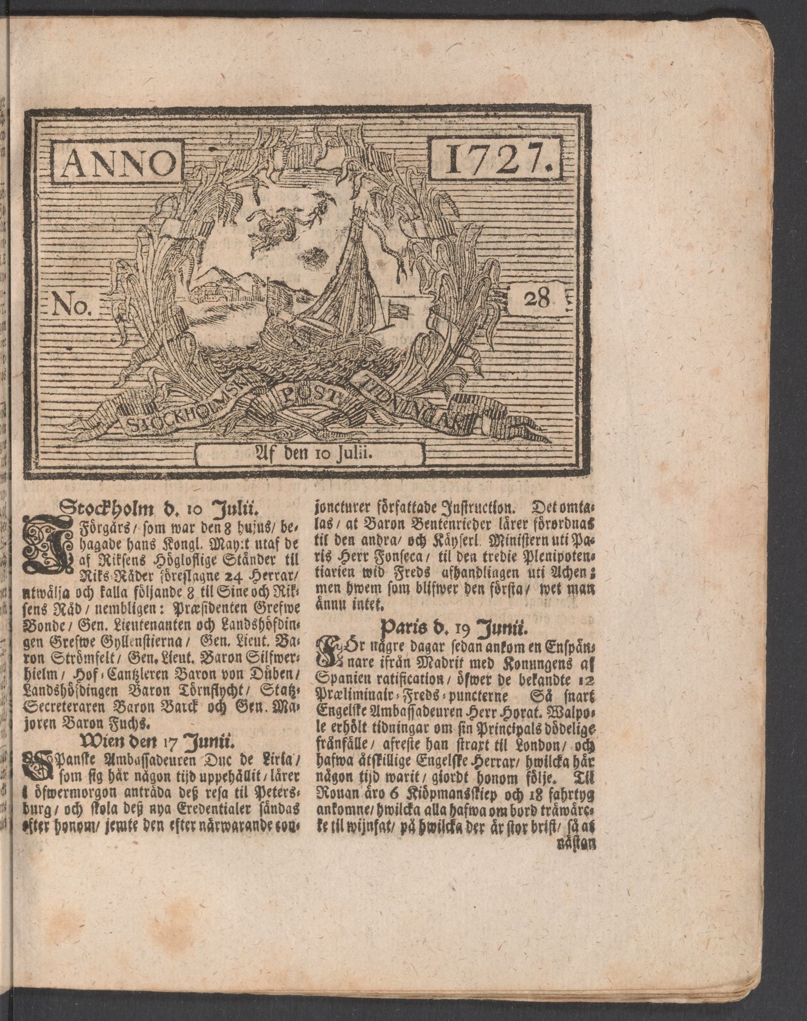 Tidningssida ur POSTTIDNINGAR, 1727-07-10