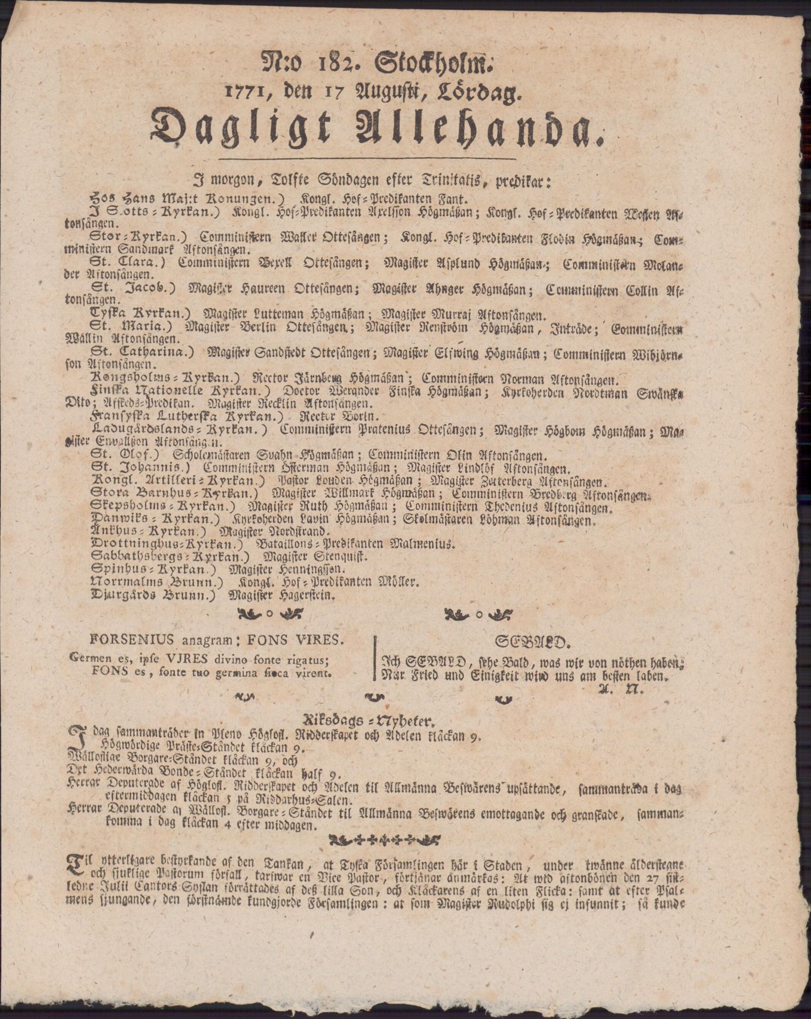 Tidningssida ur DAGLIGT ALLEHANDA, 1771-08-17