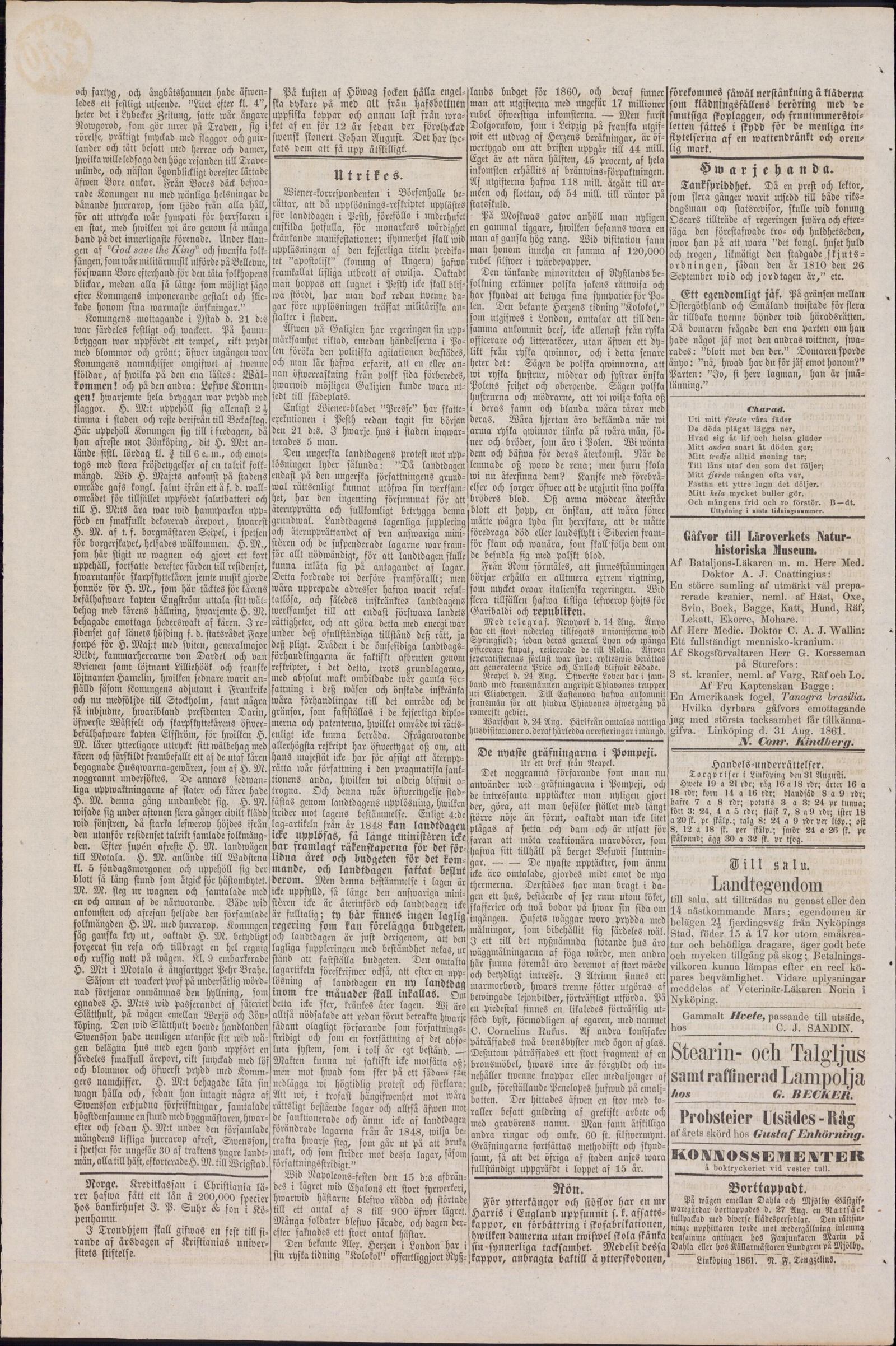 Tidningssida ur Linköpings Tidning, 1861-08-31