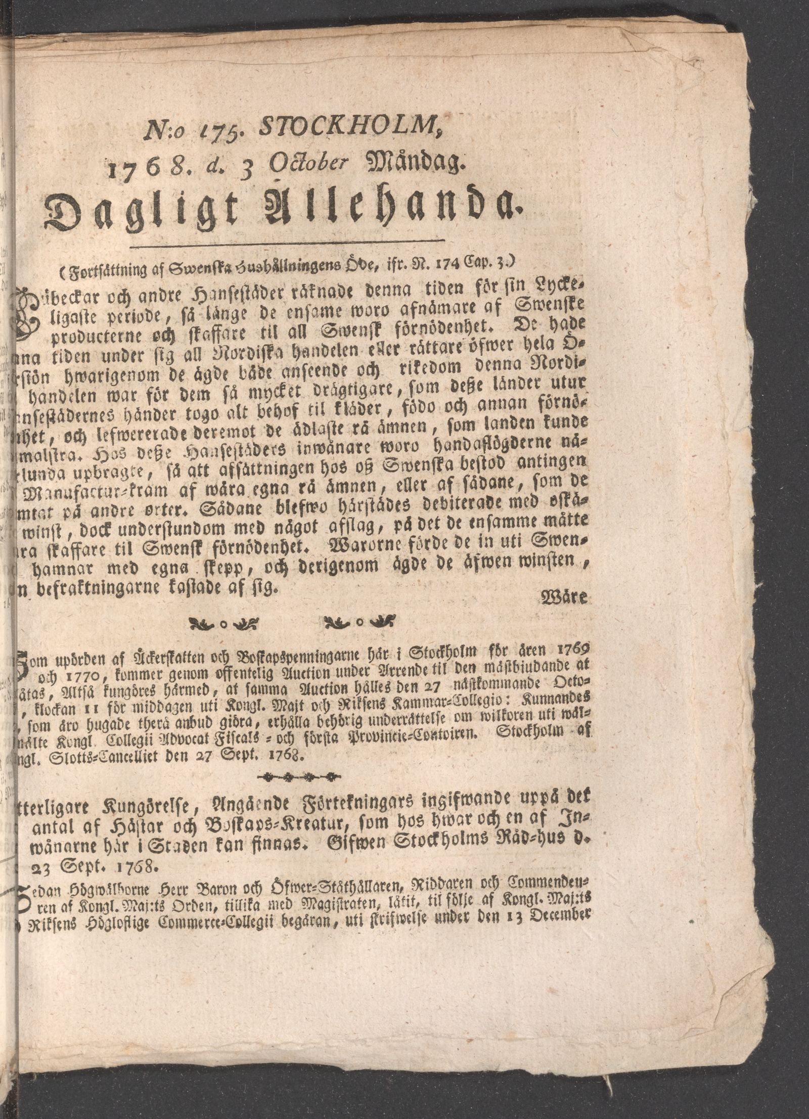 Tidningssida ur DAGLIGT ALLEHANDA, 1768-10-03