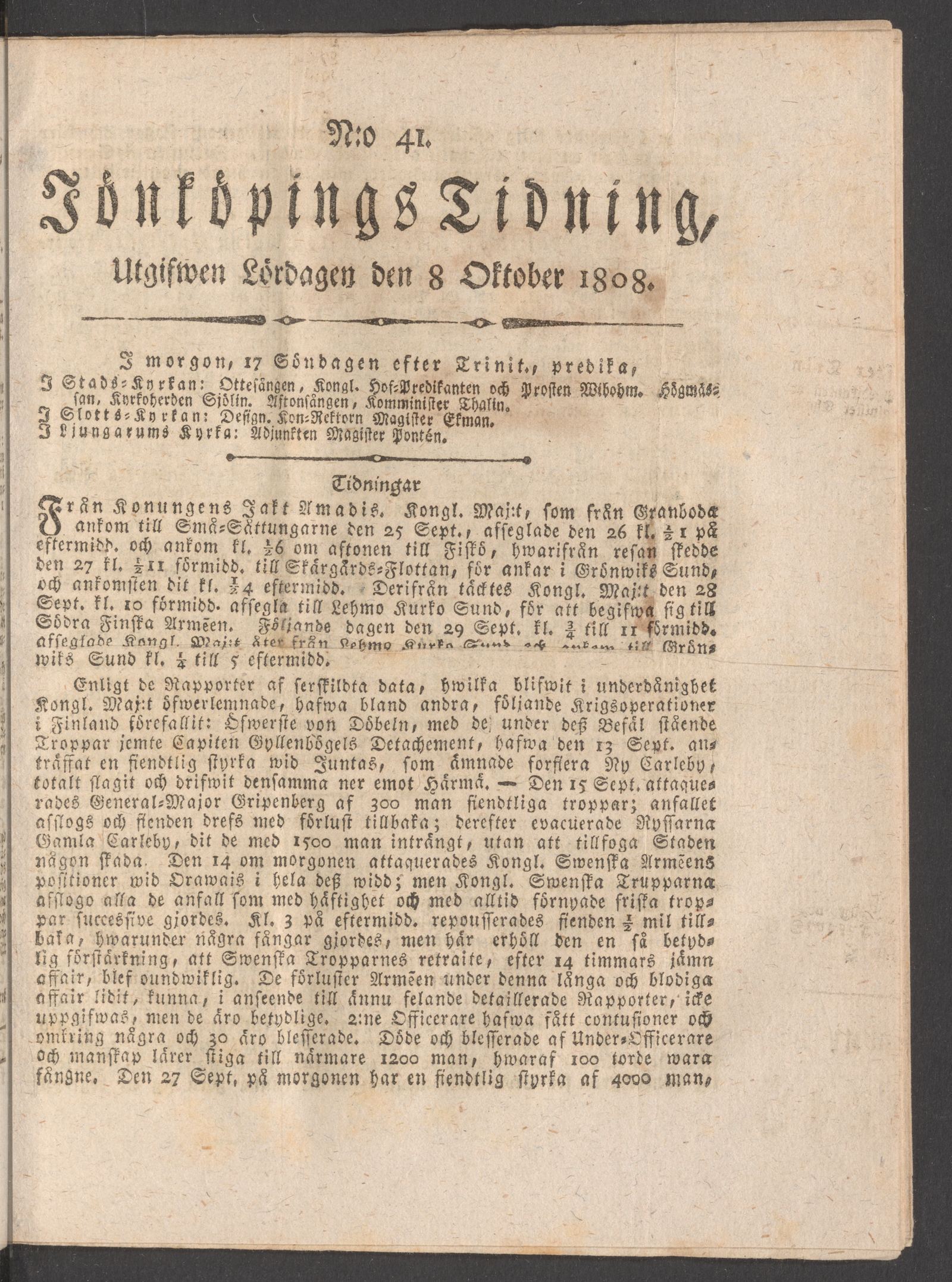 Tidningssida ur JÖNKÖPINGS TIDNING, 1808-10-08