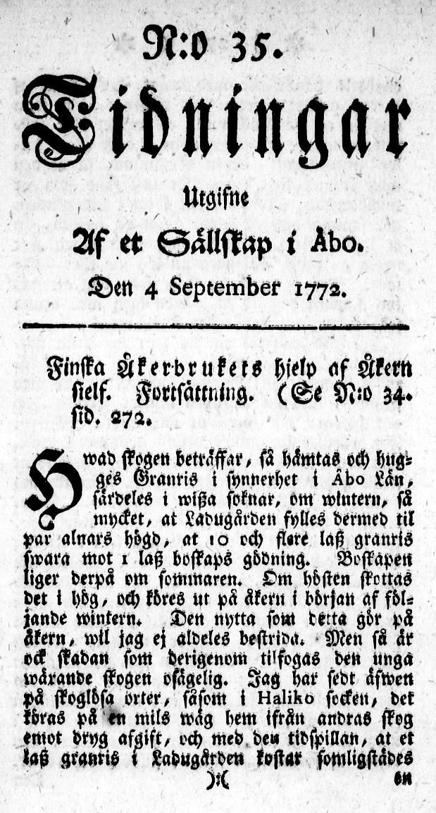 Tidningssida ur TIDNINGAR UTGIFNE AF ET SÄLLSKAP I ÅBO, 1772-09-04