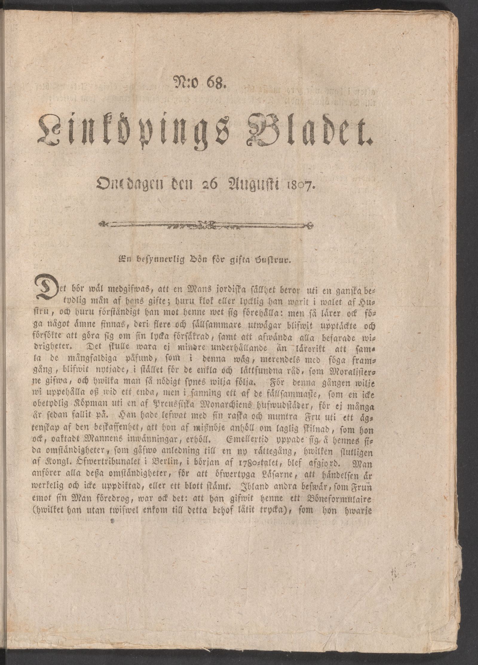 Tidningssida ur LINKÖPINGSBLADET, 1807-08-26