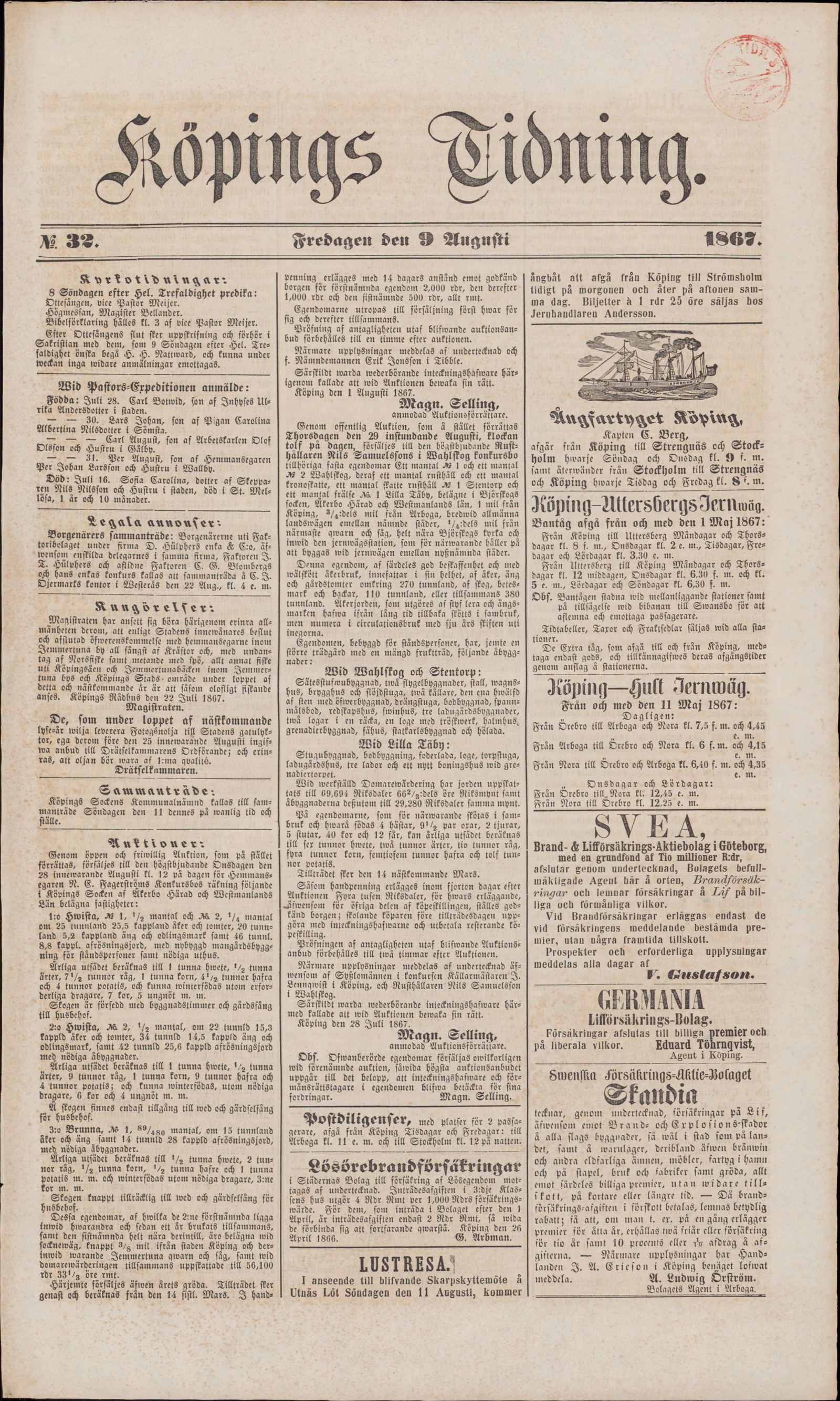 Tidningssida ur KÖPINGS TIDNING, 1867-08-09