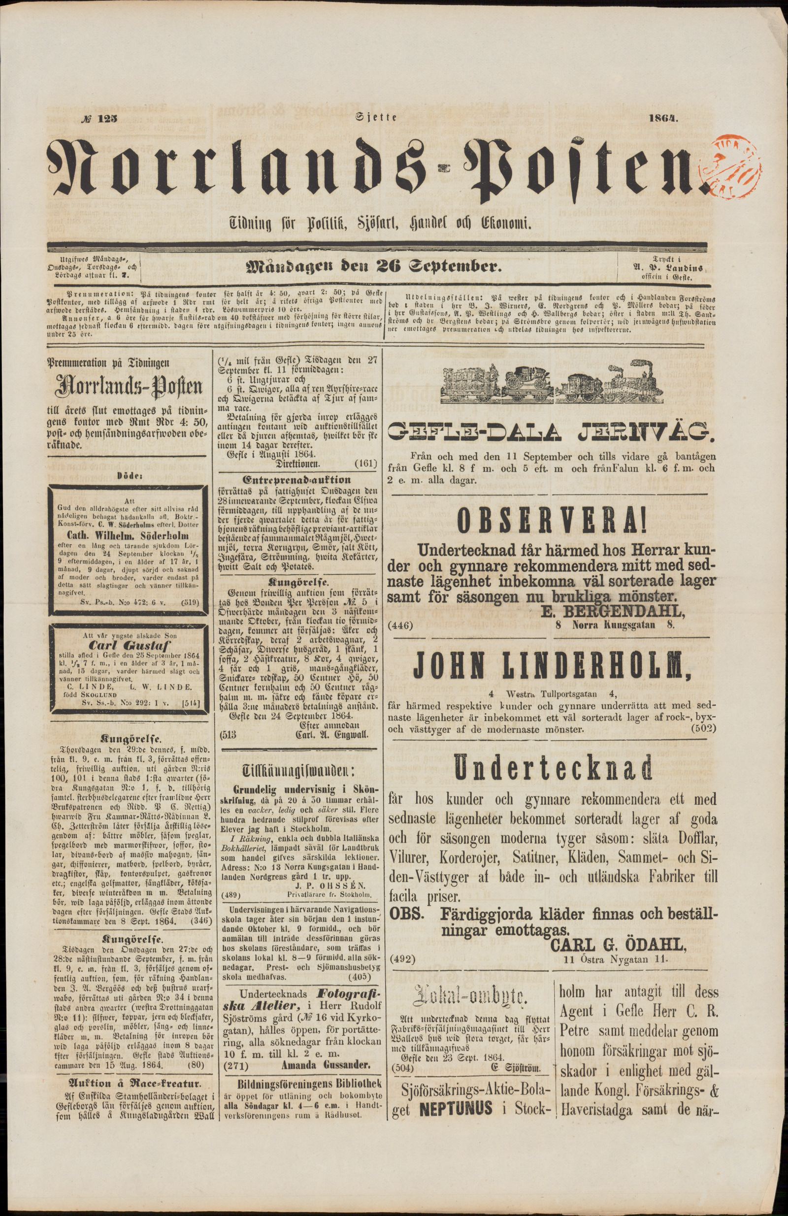Tidningssida ur NORRLANDSPOSTEN, 1864-09-26