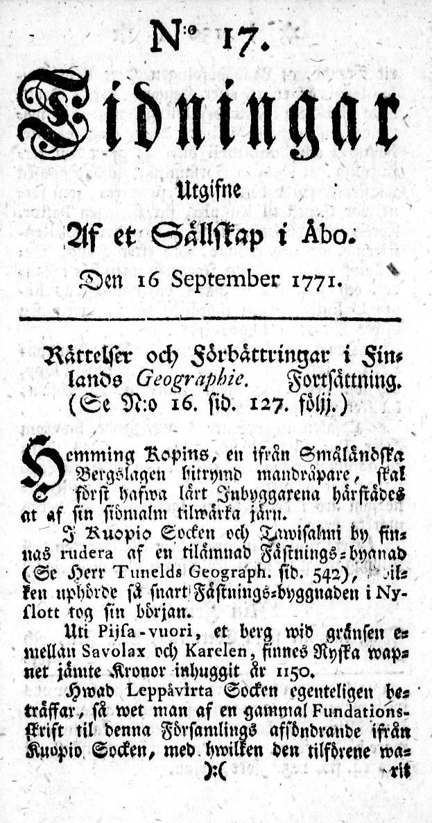 Tidningssida ur TIDNINGAR UTGIFNE AF ET SÄLLSKAP I ÅBO, 1771-09-16