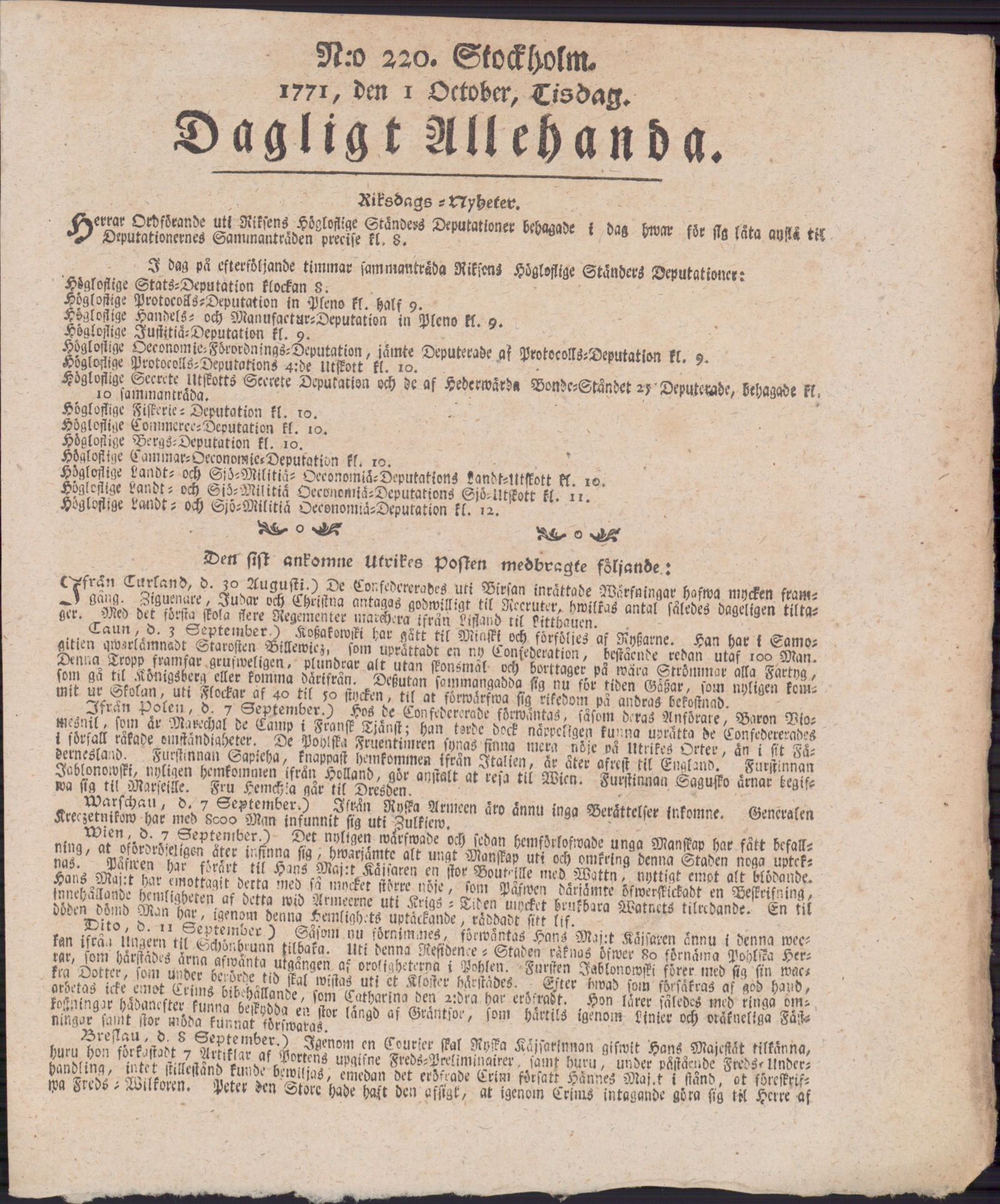 Tidningssida ur DAGLIGT ALLEHANDA, 1771-10-01