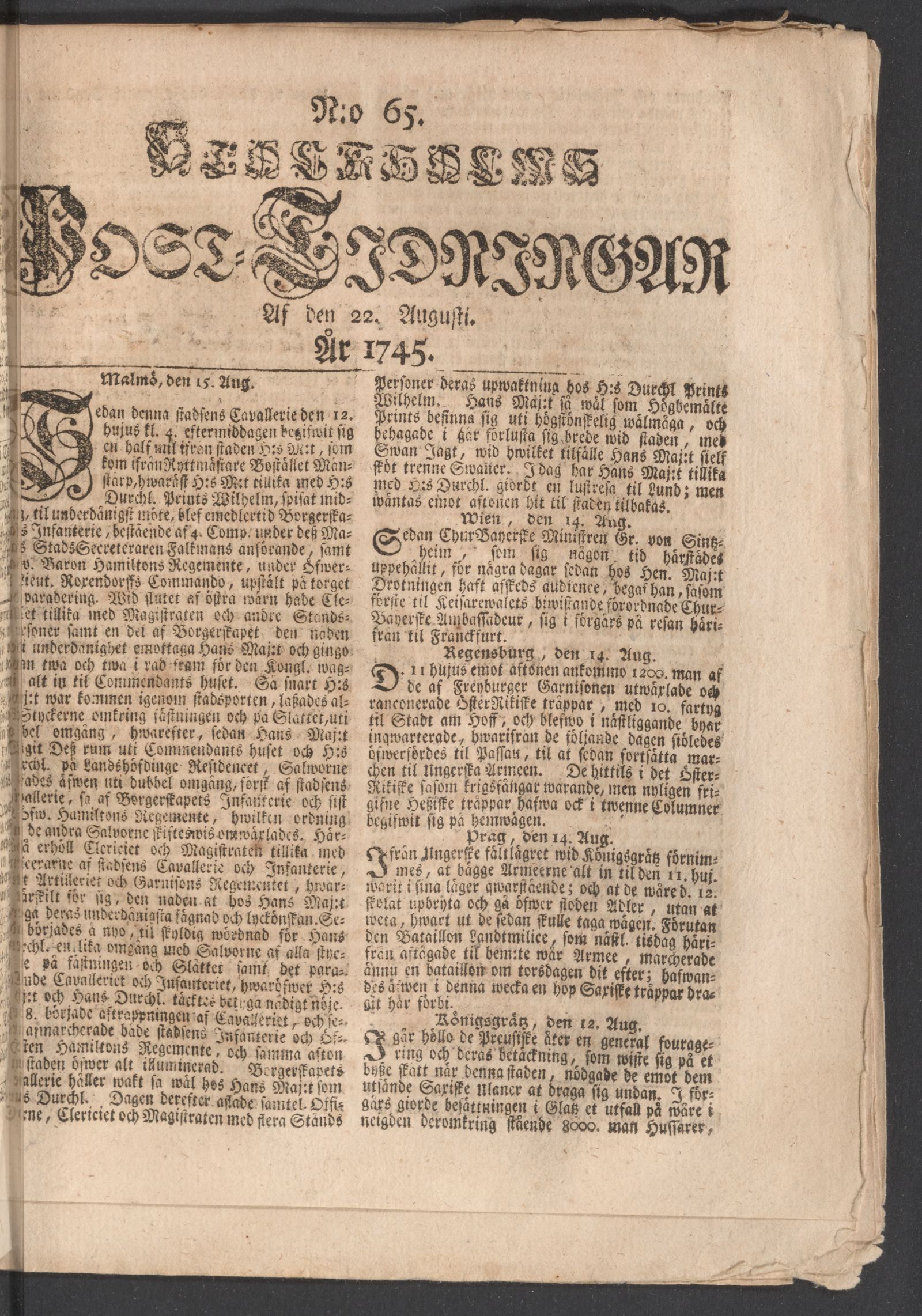 Tidningssida ur POSTTIDNINGAR, 1745-08-22