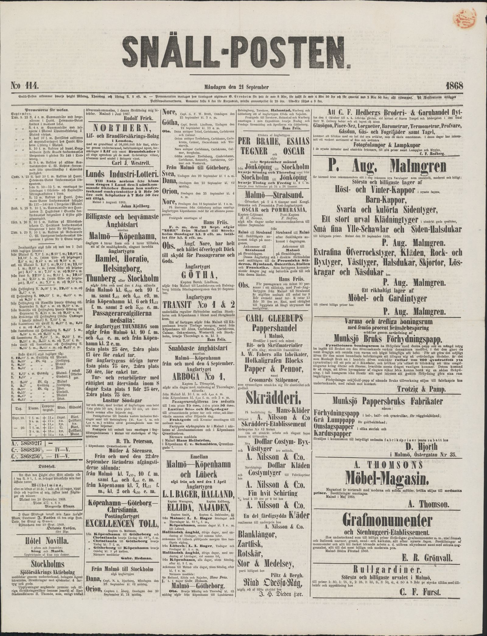 Tidningssida ur SNÄLLPOSTEN, 1868-09-21
