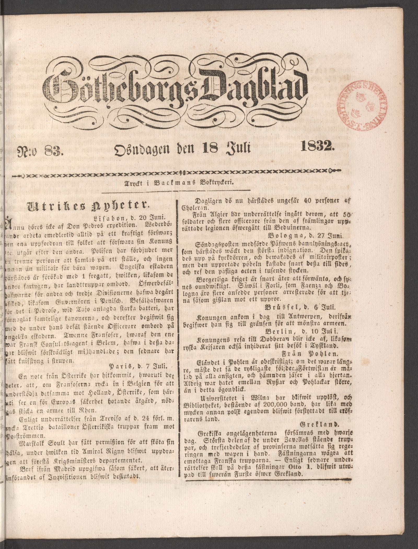 Tidningssida ur GÖTHEBORGS DAGBLAD, 1832-07-18