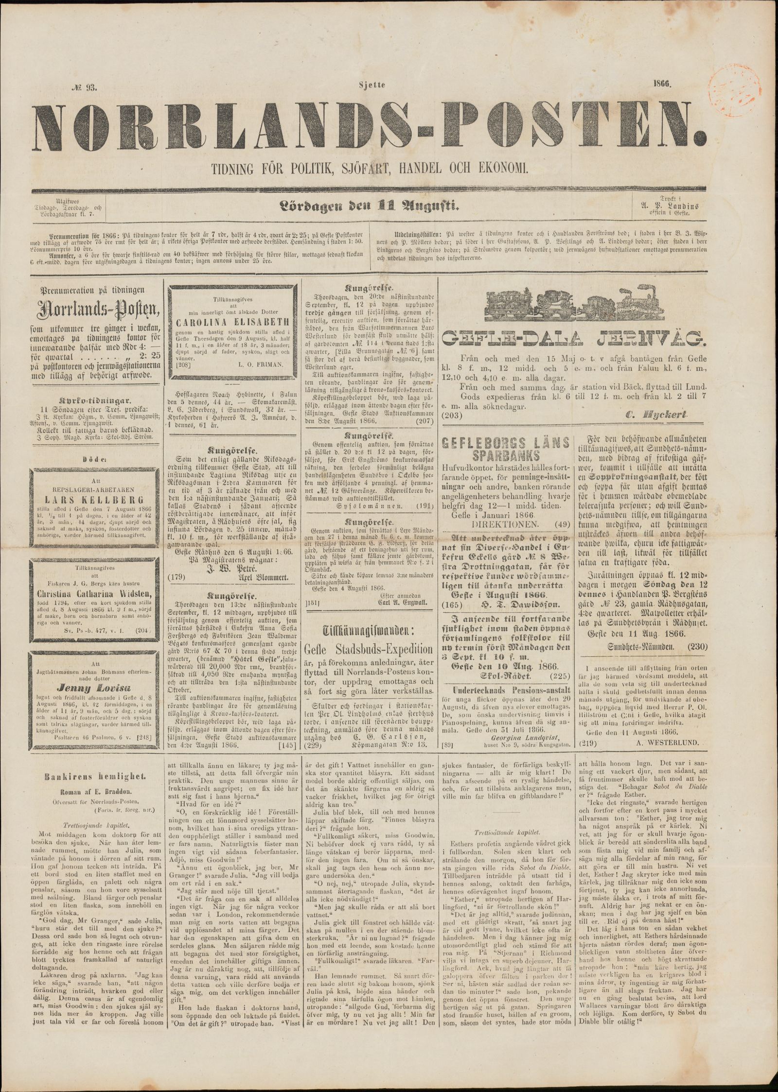 Tidningssida ur NORRLANDSPOSTEN, 1866-08-11
