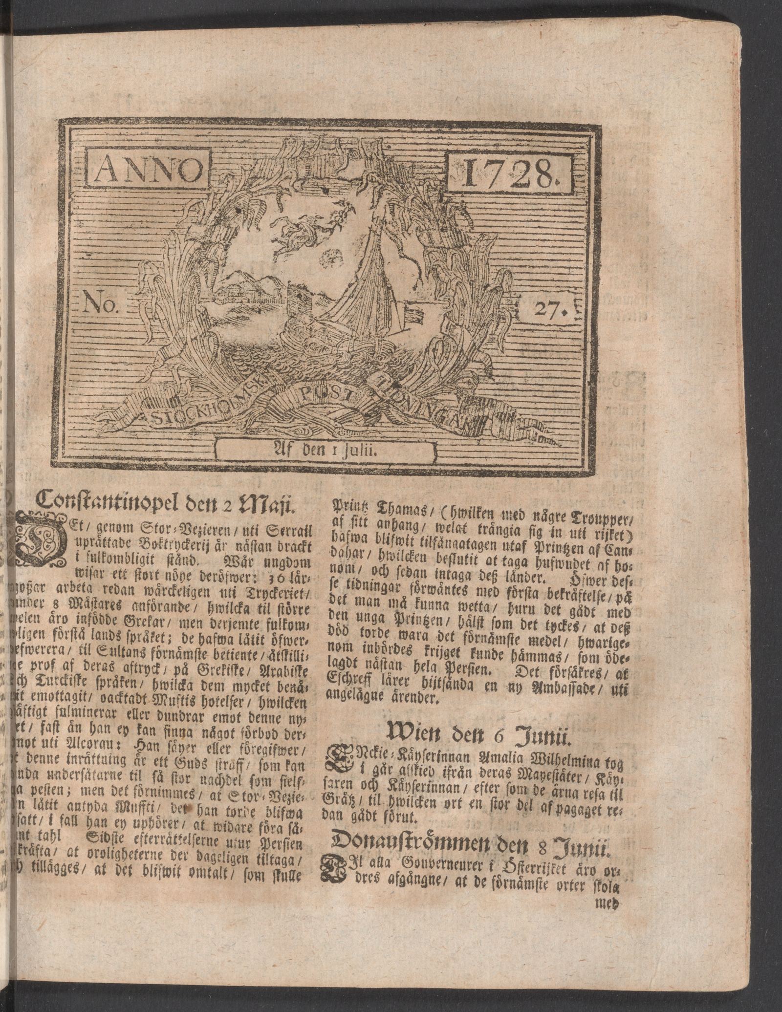 Tidningssida ur POSTTIDNINGAR, 1728-07-01