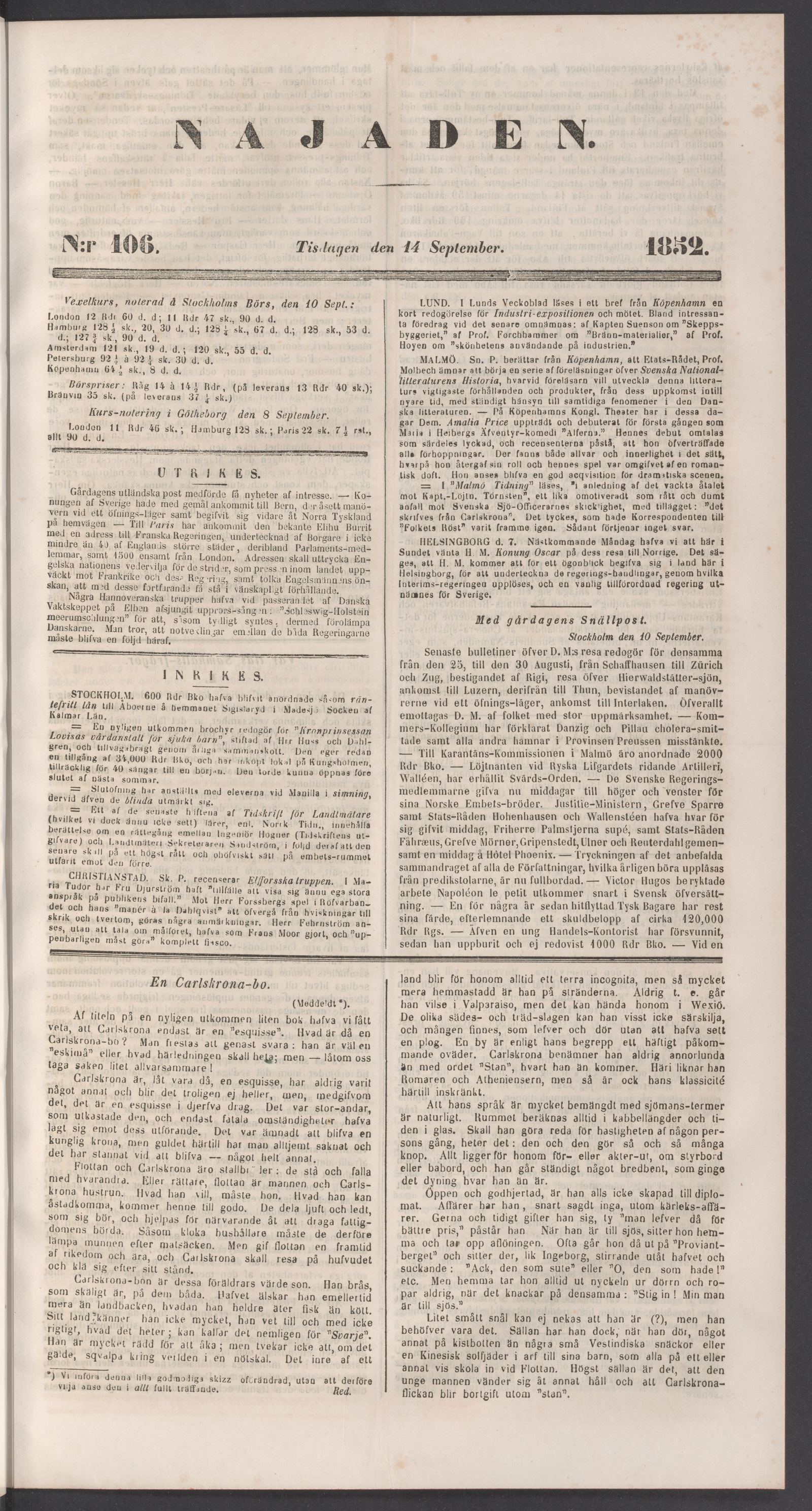 Tidningssida ur NAJADEN, 1852-09-14