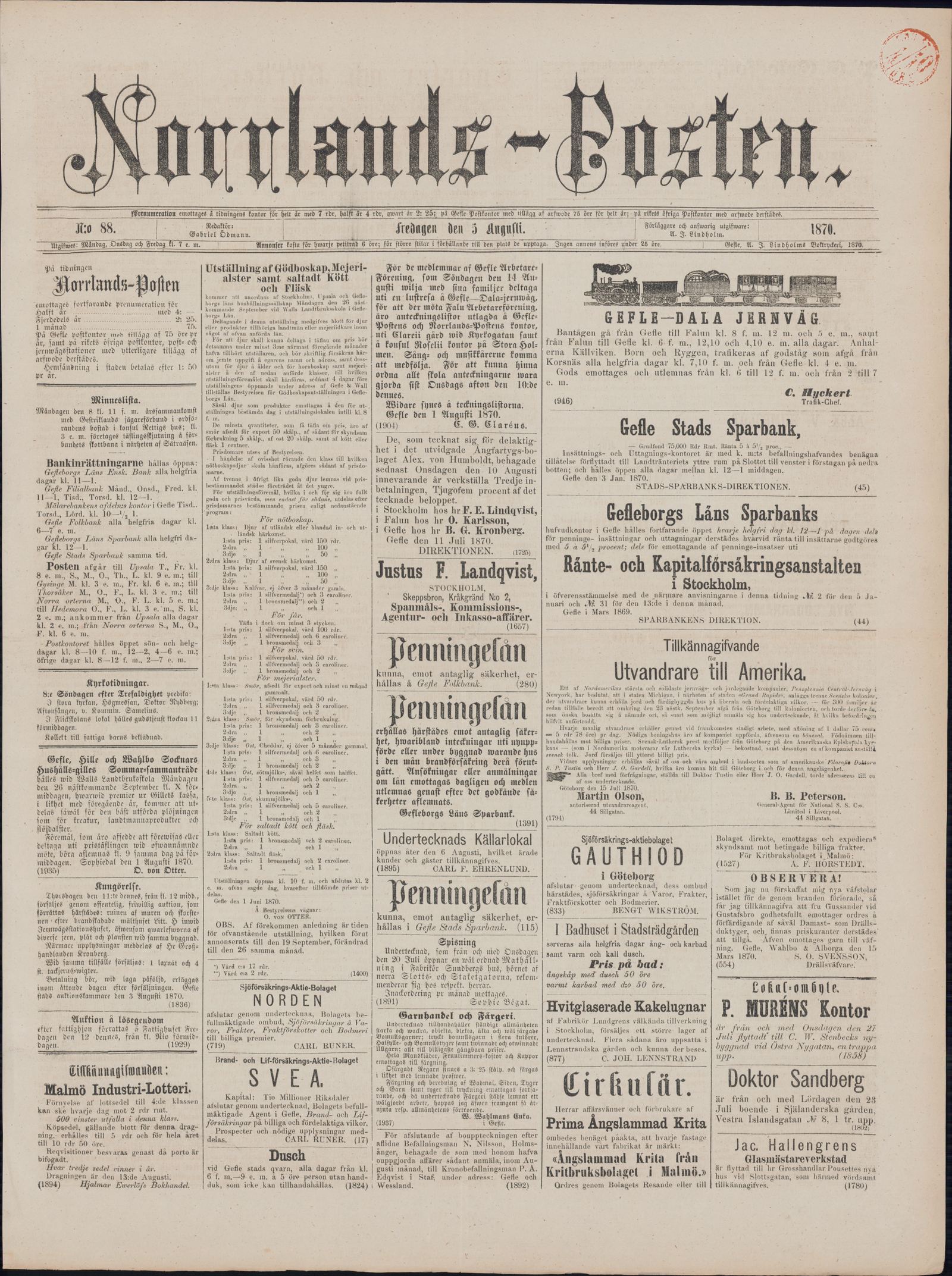 Tidningssida ur NORRLANDSPOSTEN, 1870-08-05