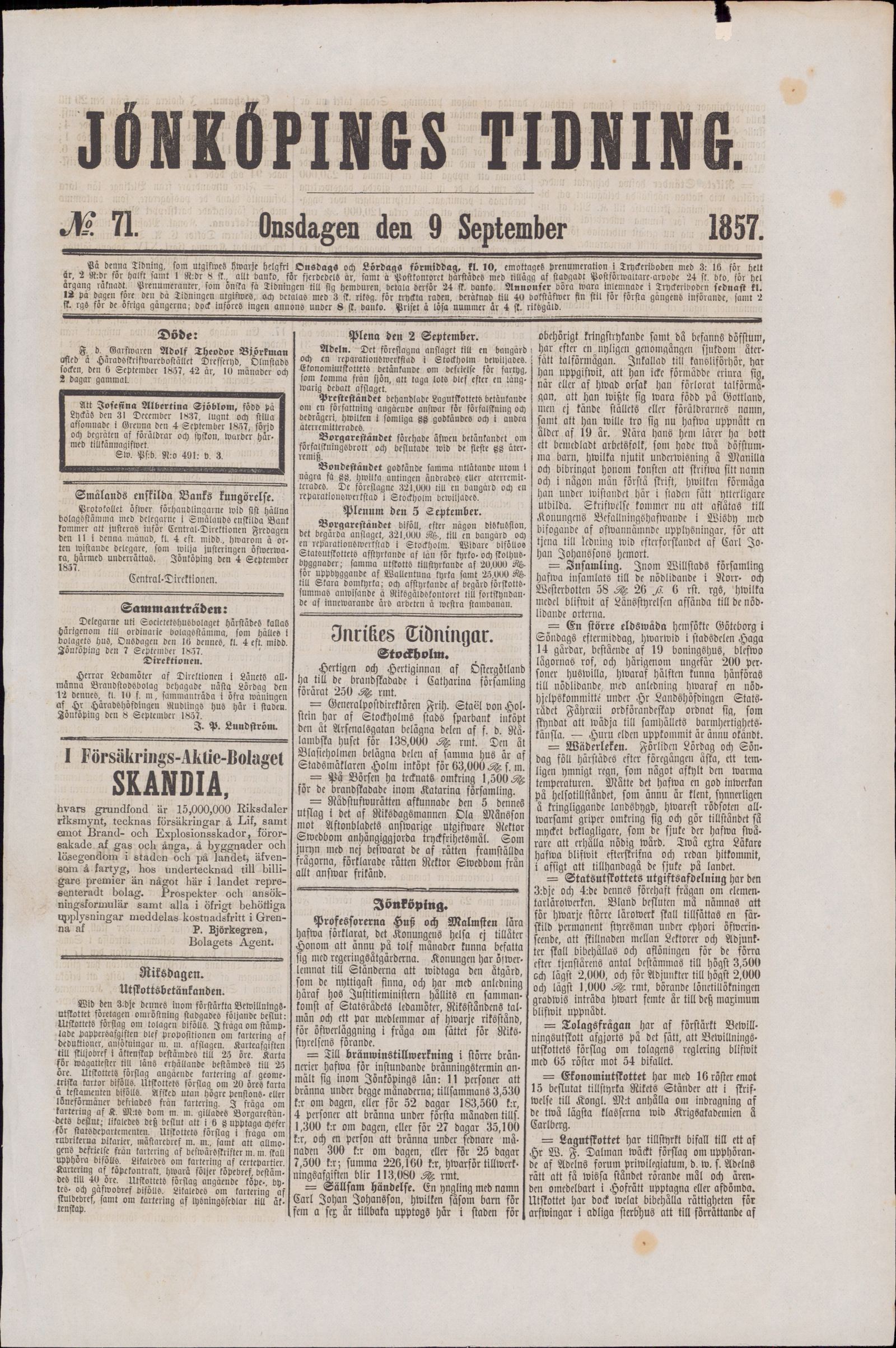 Tidningssida ur JÖNKÖPINGS TIDNING, 1857-09-09