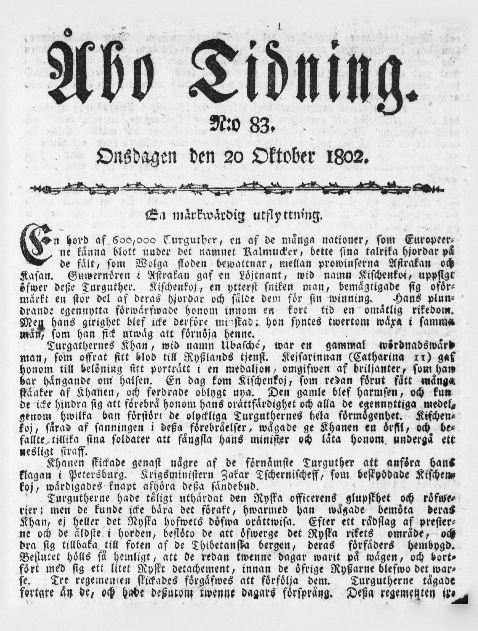 Tidningssida ur ÅBO TIDNING, 1802-10-20