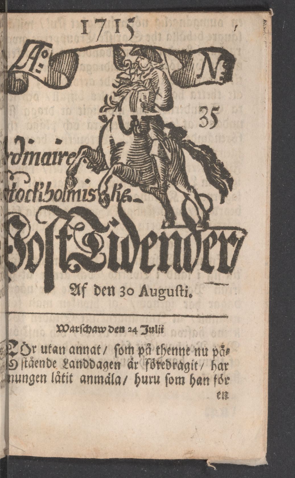 Tidningssida ur POSTTIDNINGAR, 1715-08-30