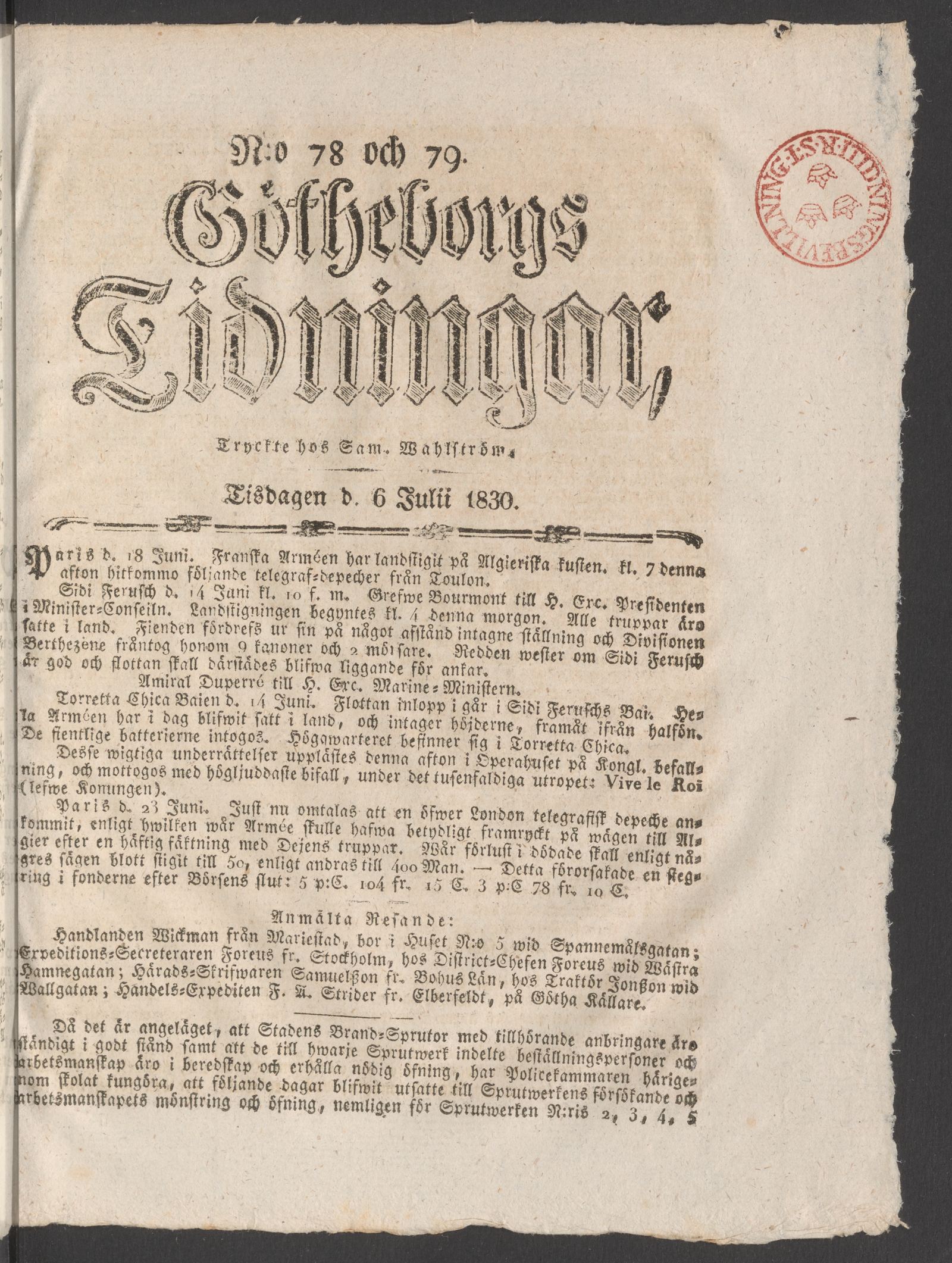 Tidningssida ur GÖTHEBORGS TIDNINGAR, 1830-07-06