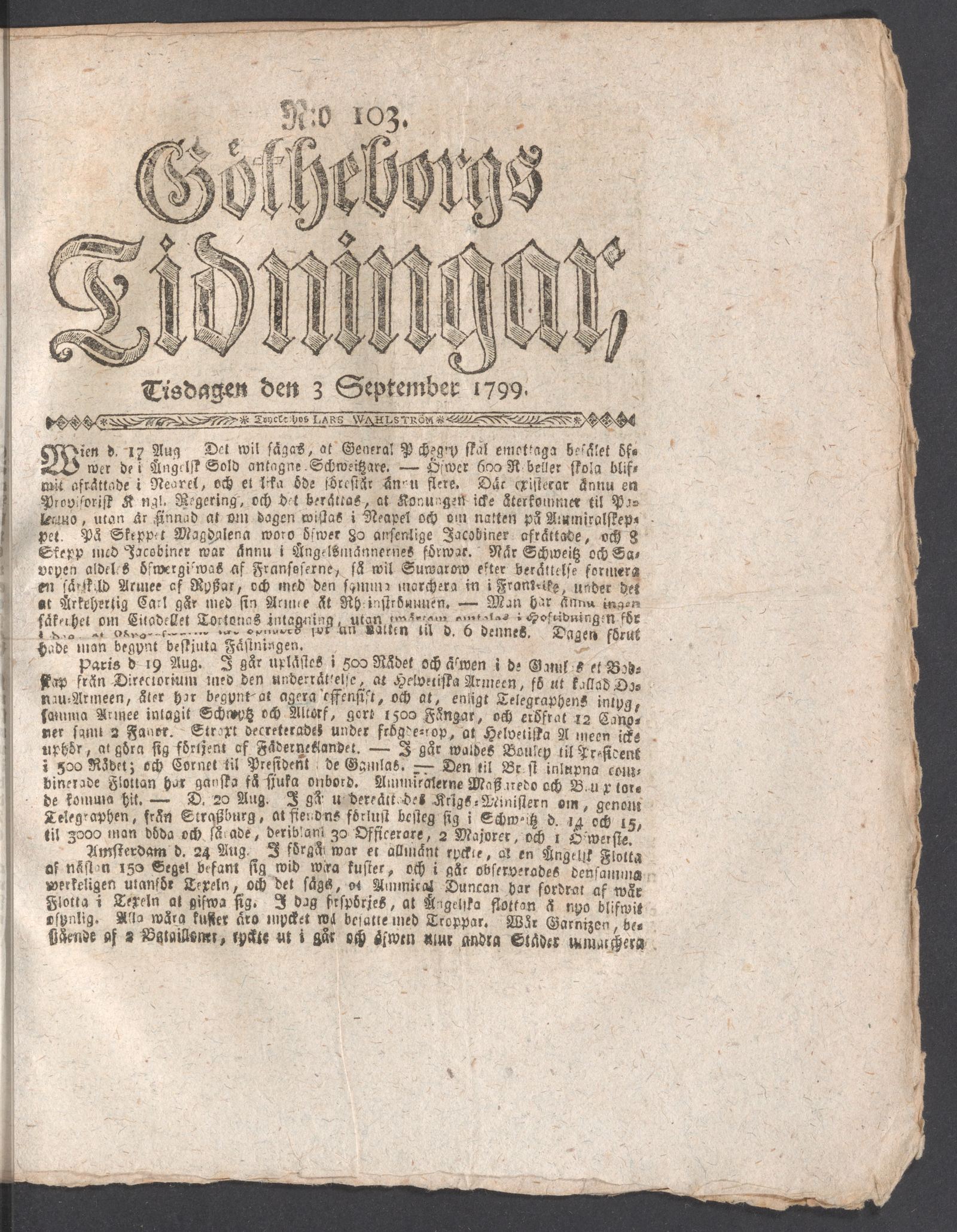 Tidningssida ur GÖTHEBORGS TIDNINGAR, 1799-09-03