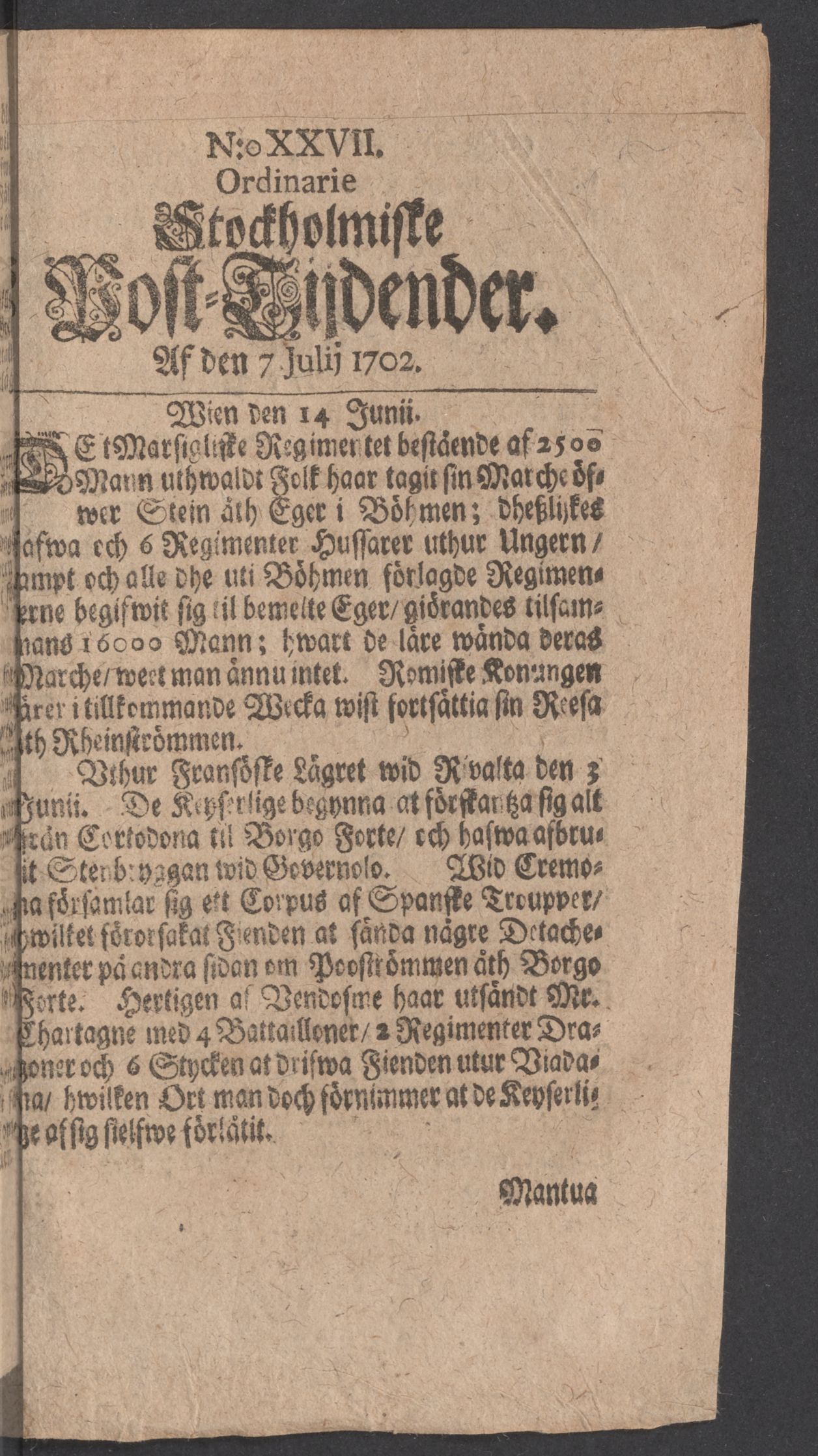 Tidningssida ur POSTTIDNINGAR, 1702-07-07