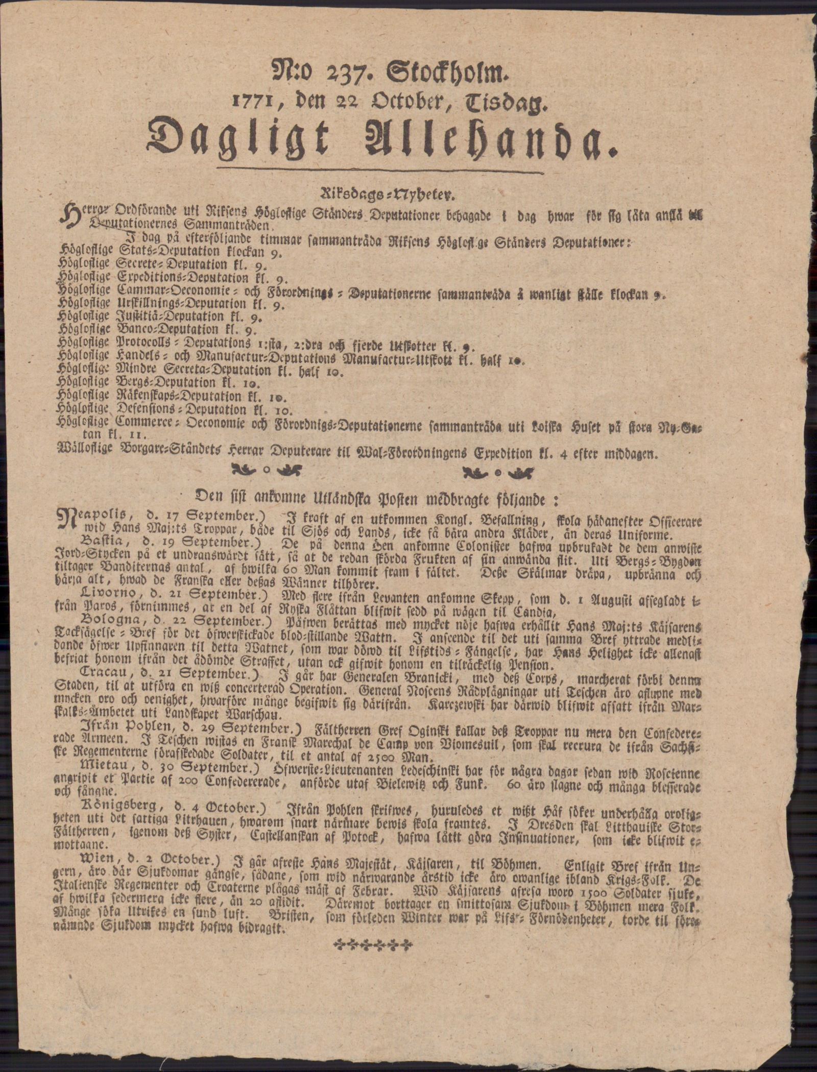 Tidningssida ur DAGLIGT ALLEHANDA, 1771-10-22