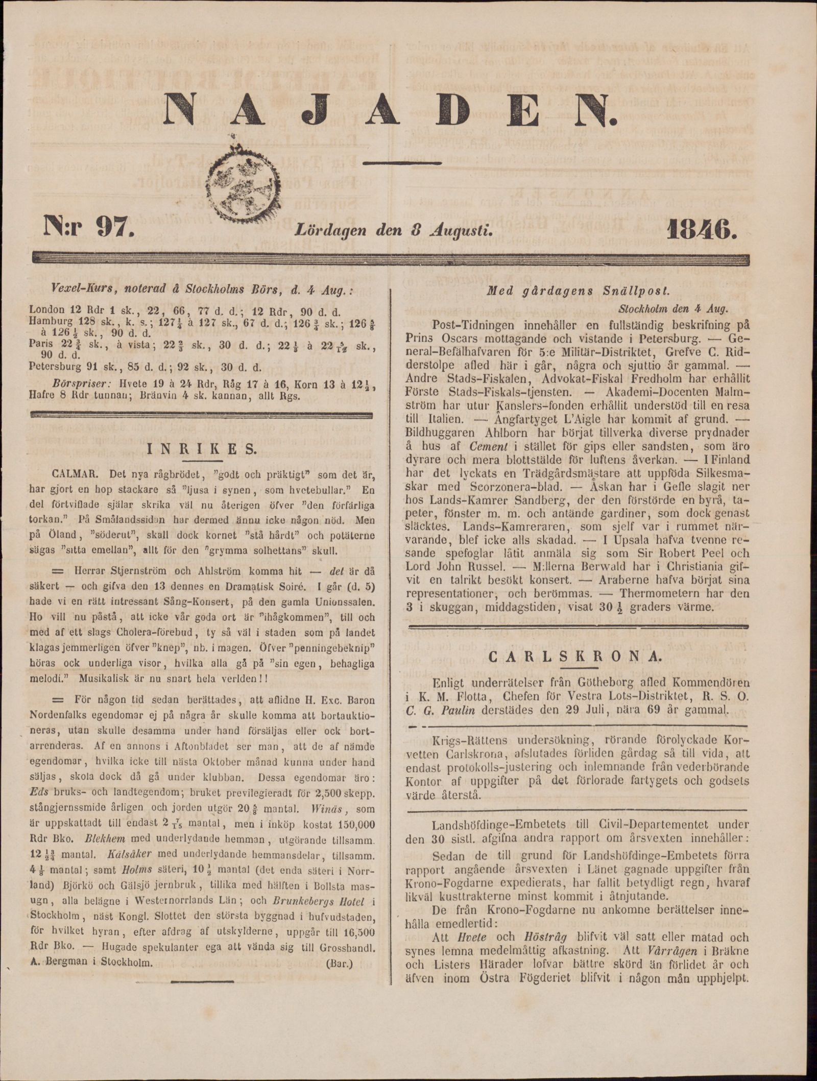 Tidningssida ur NAJADEN, 1846-08-08