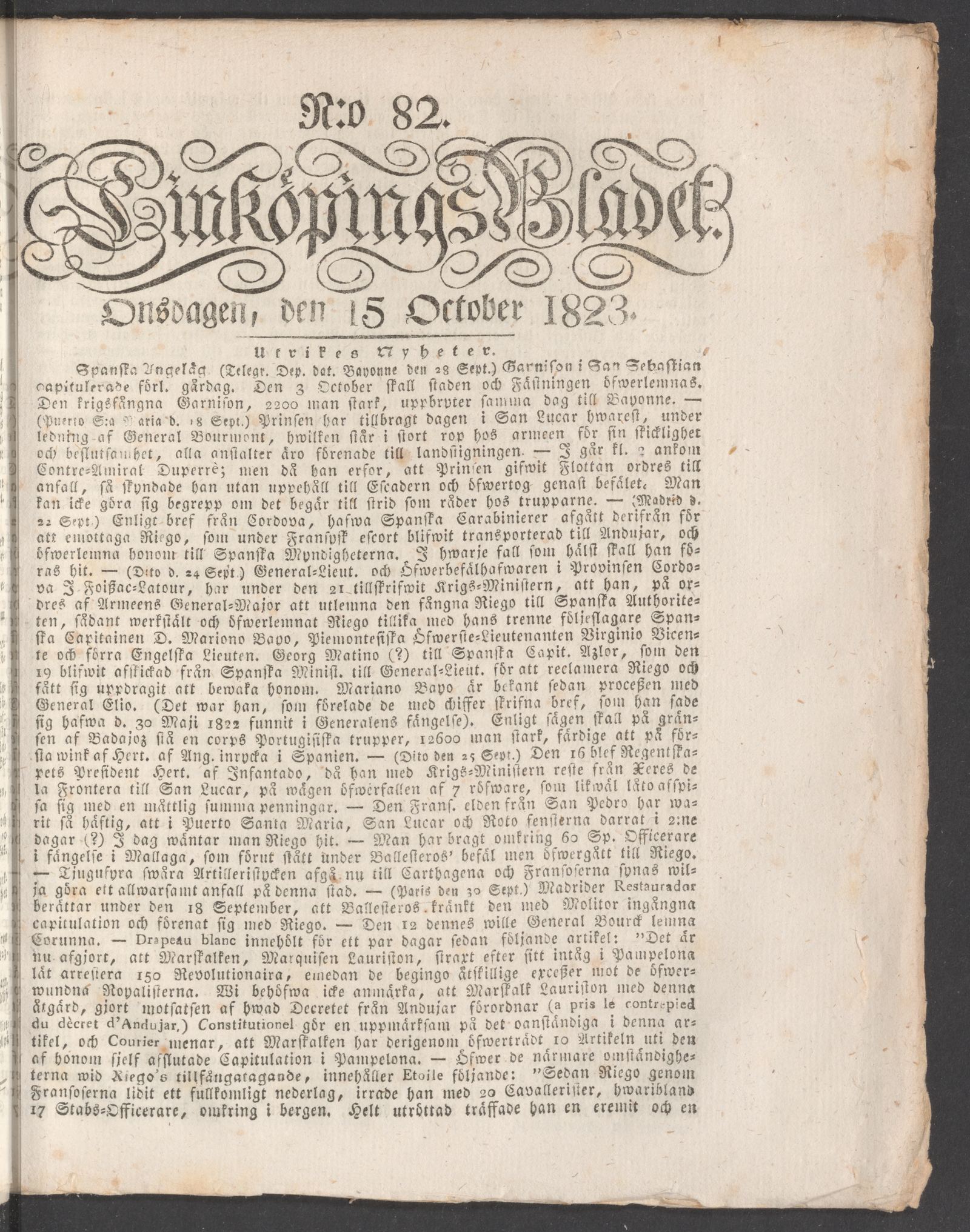 Tidningssida ur LINKÖPINGSBLADET, 1823-10-15