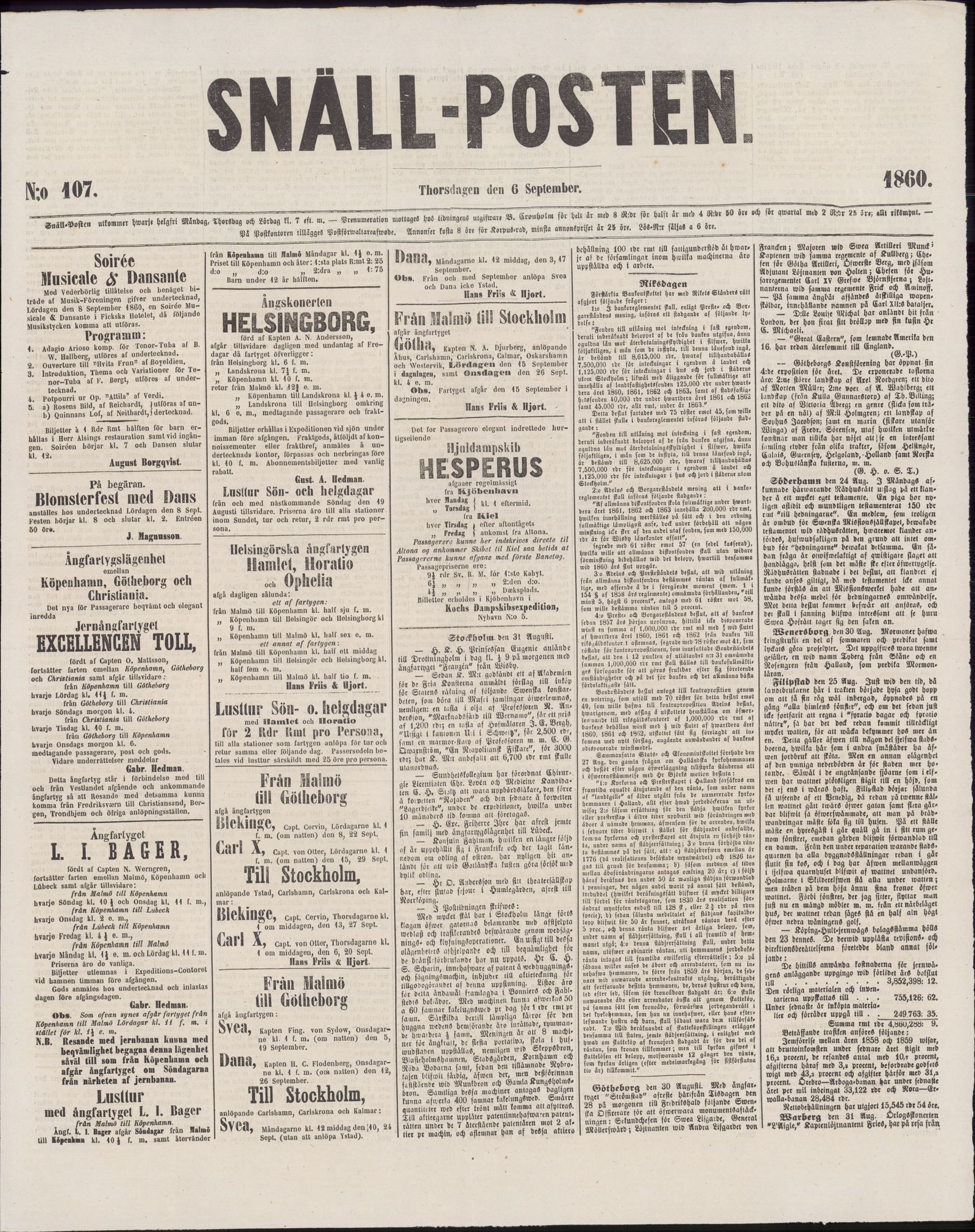 Tidningssida ur SNÄLLPOSTEN, 1860-09-06