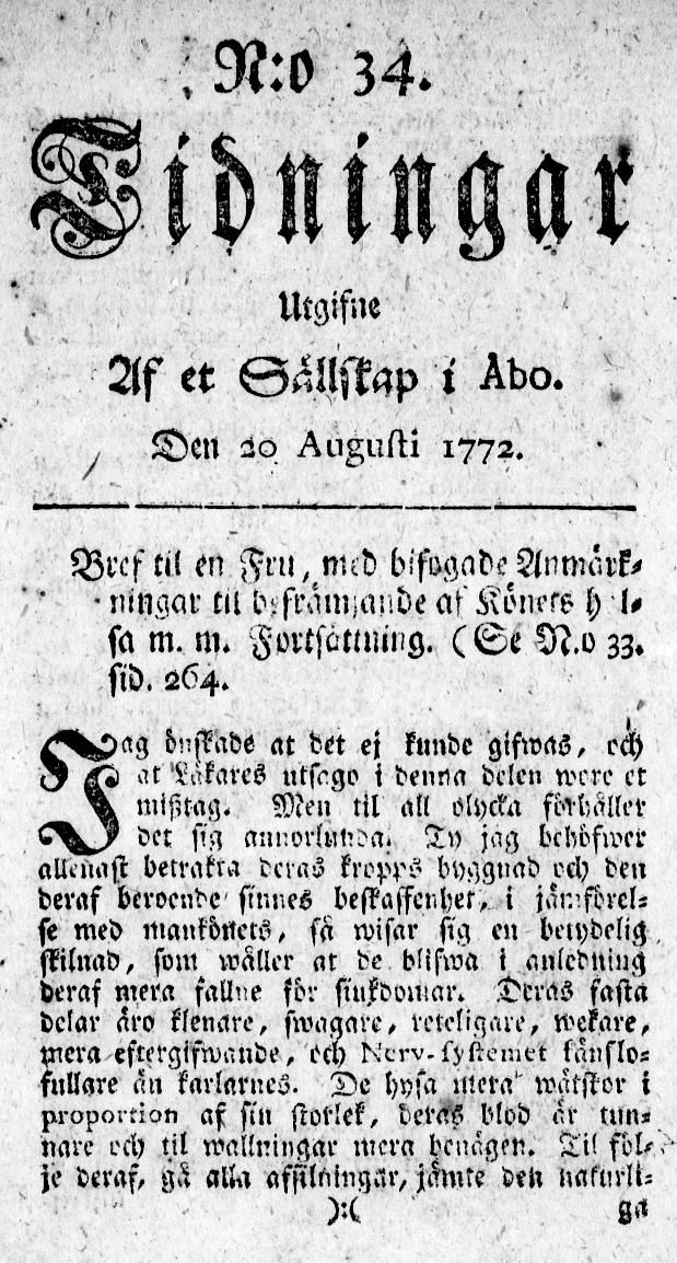 Tidningssida ur TIDNINGAR UTGIFNE AF ET SÄLLSKAP I ÅBO, 1772-08-20