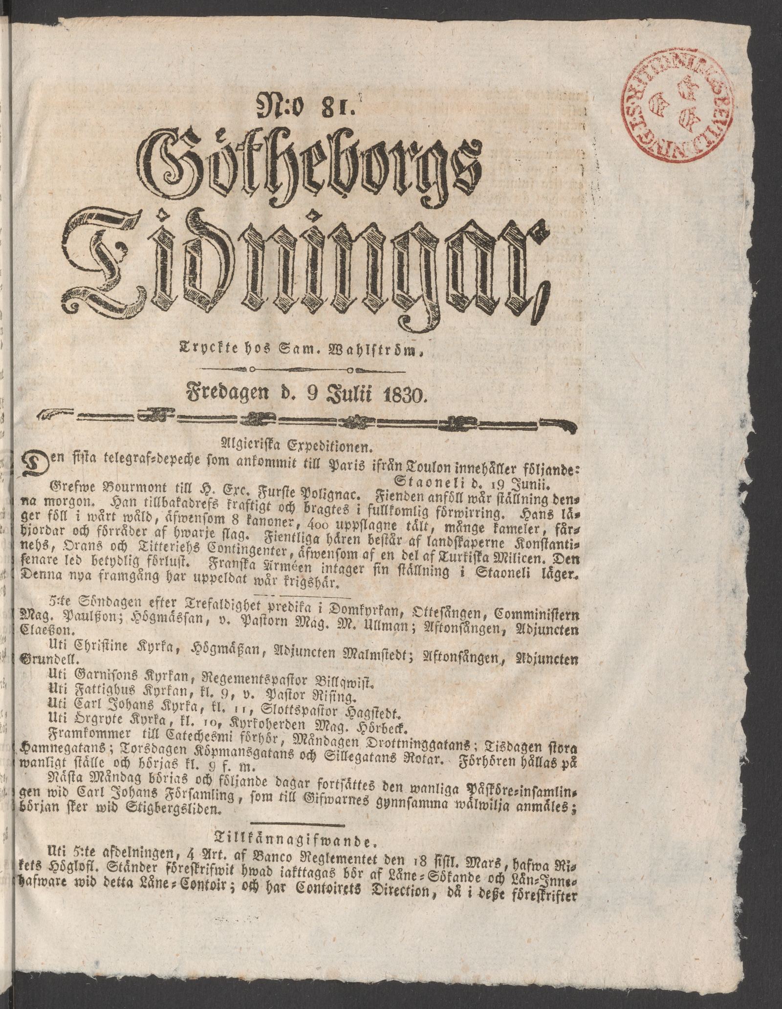 Tidningssida ur GÖTHEBORGS TIDNINGAR, 1830-07-09