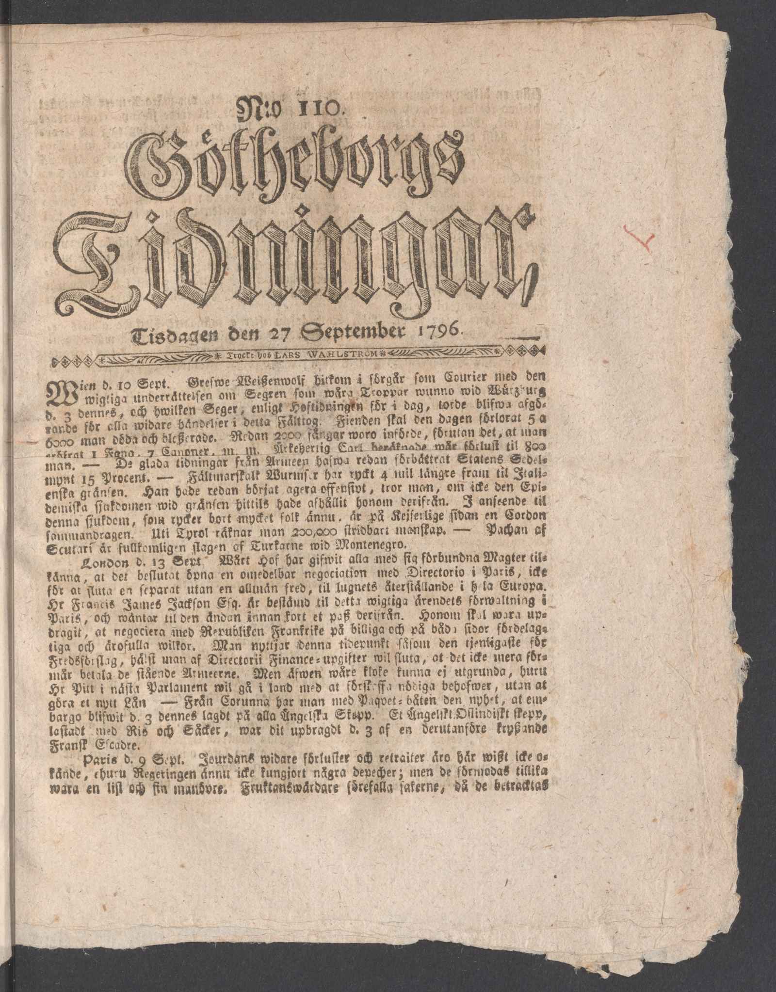 Tidningssida ur GÖTHEBORGS TIDNINGAR, 1796-09-27