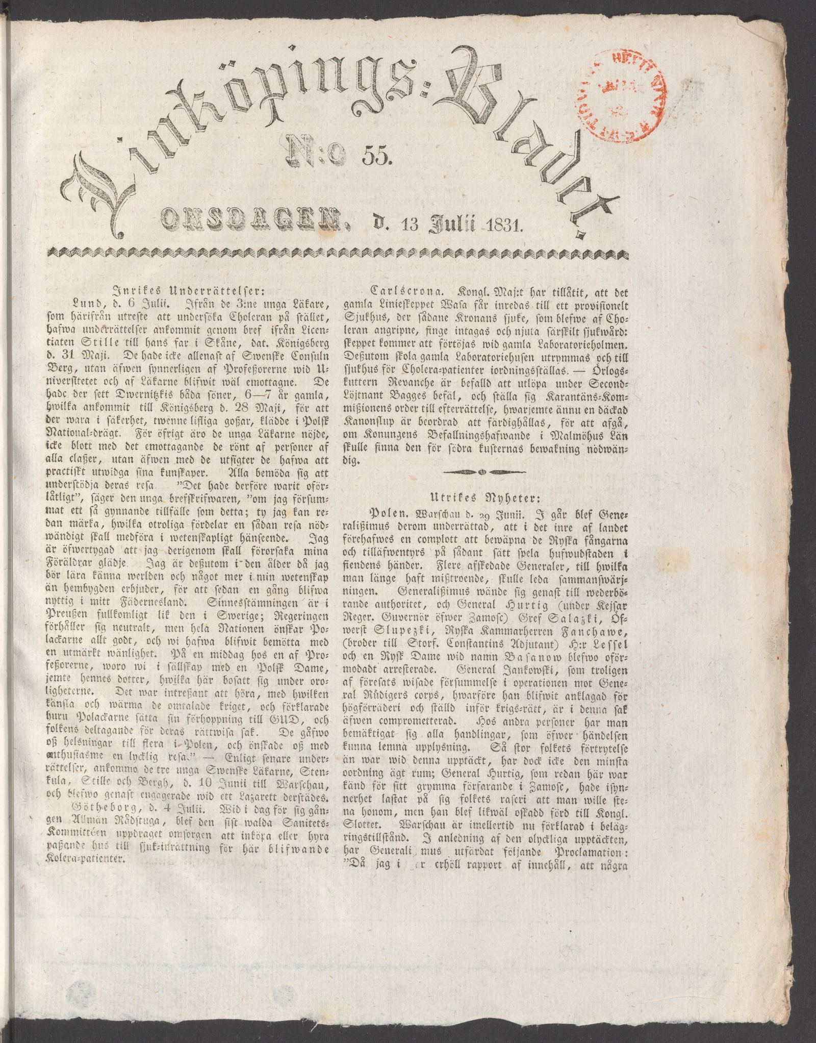 Tidningssida ur LINKÖPINGSBLADET, 1831-07-13