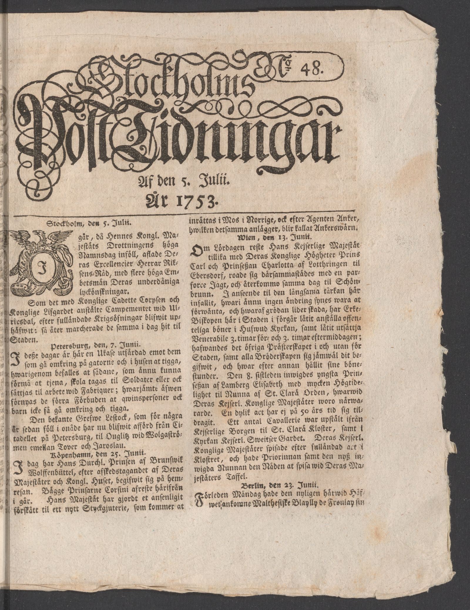 Tidningssida ur POSTTIDNINGAR, 1753-07-05