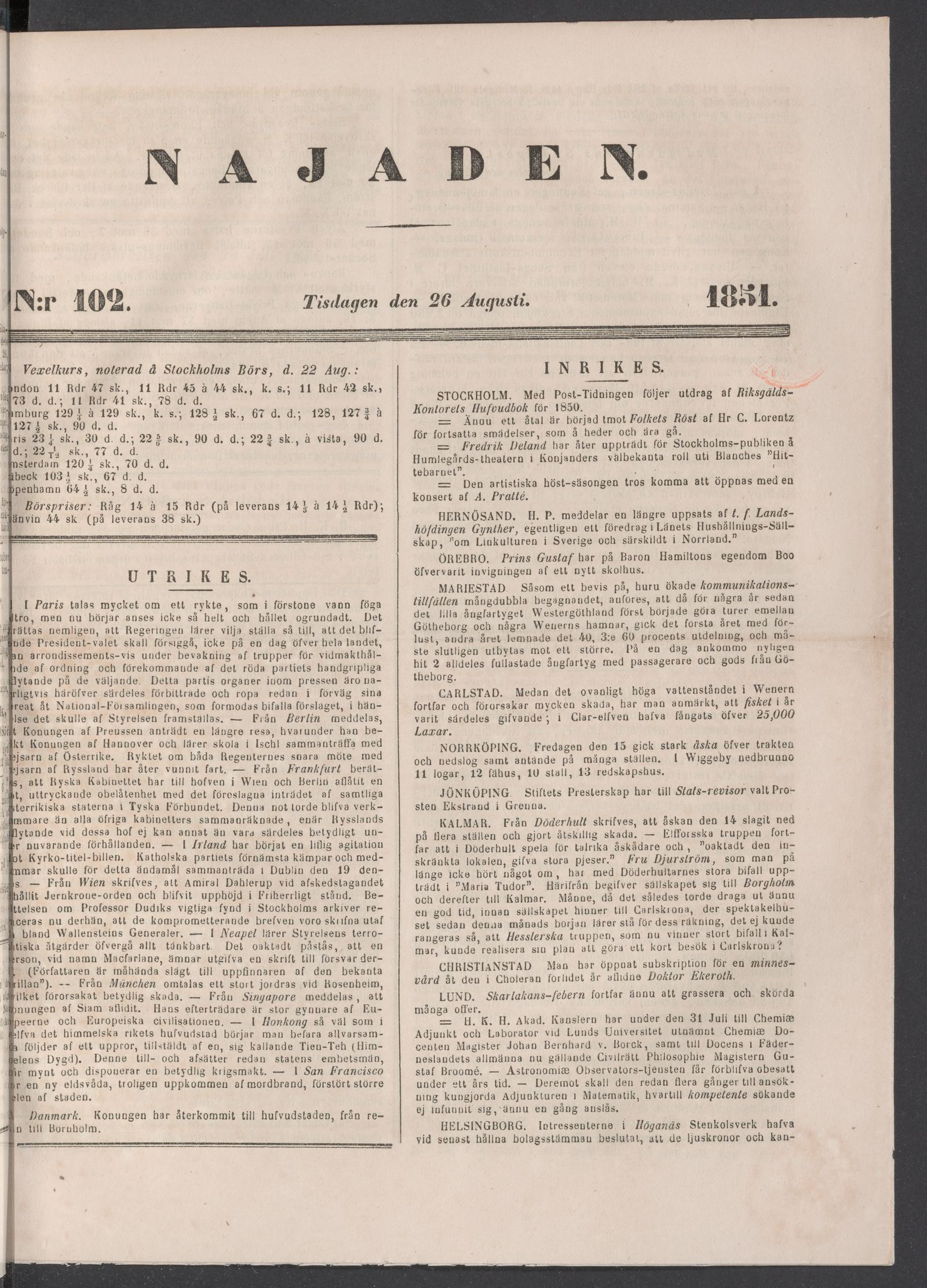 Tidningssida ur NAJADEN, 1851-08-26