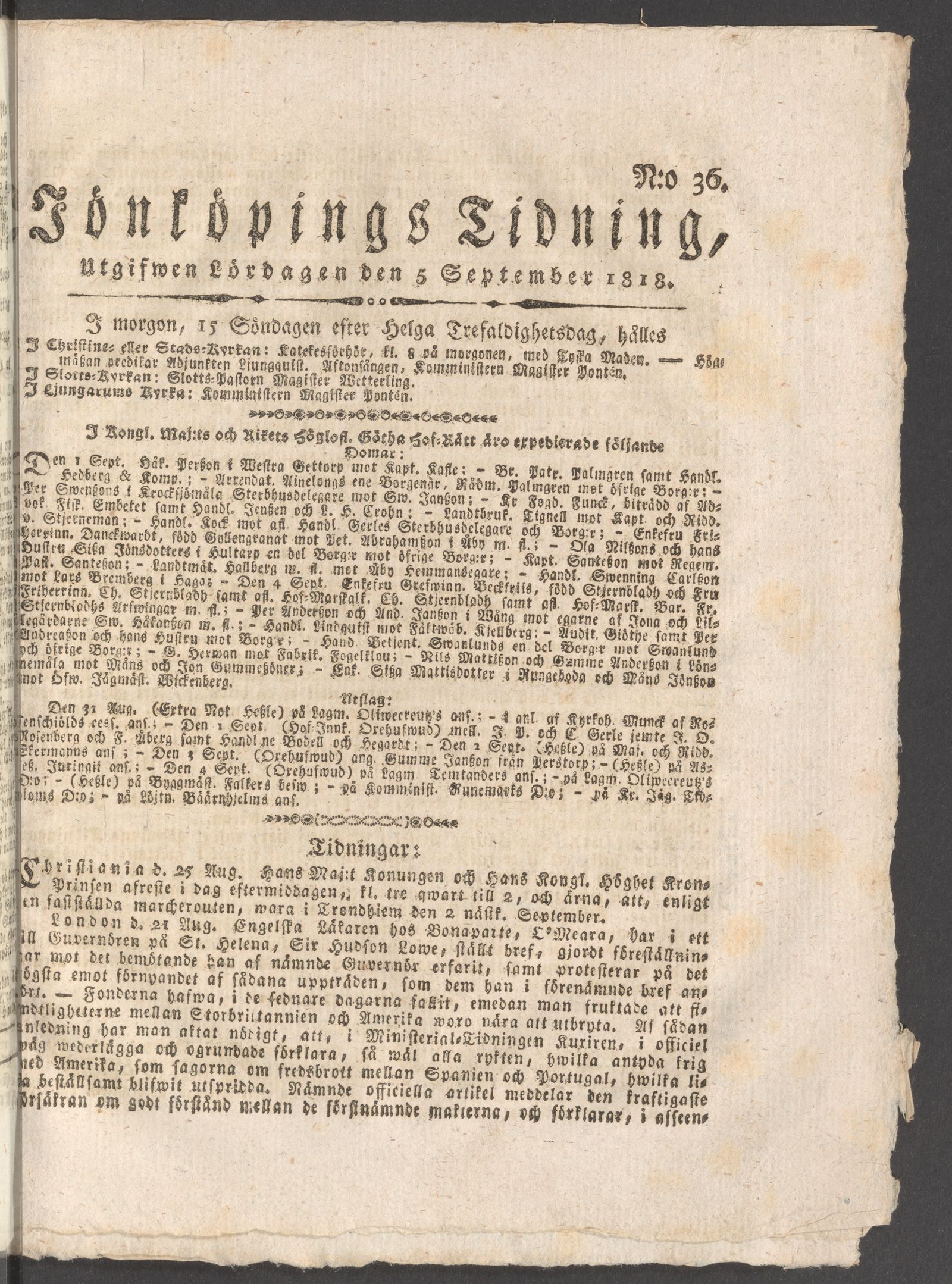 Tidningssida ur JÖNKÖPINGS TIDNING, 1818-09-05