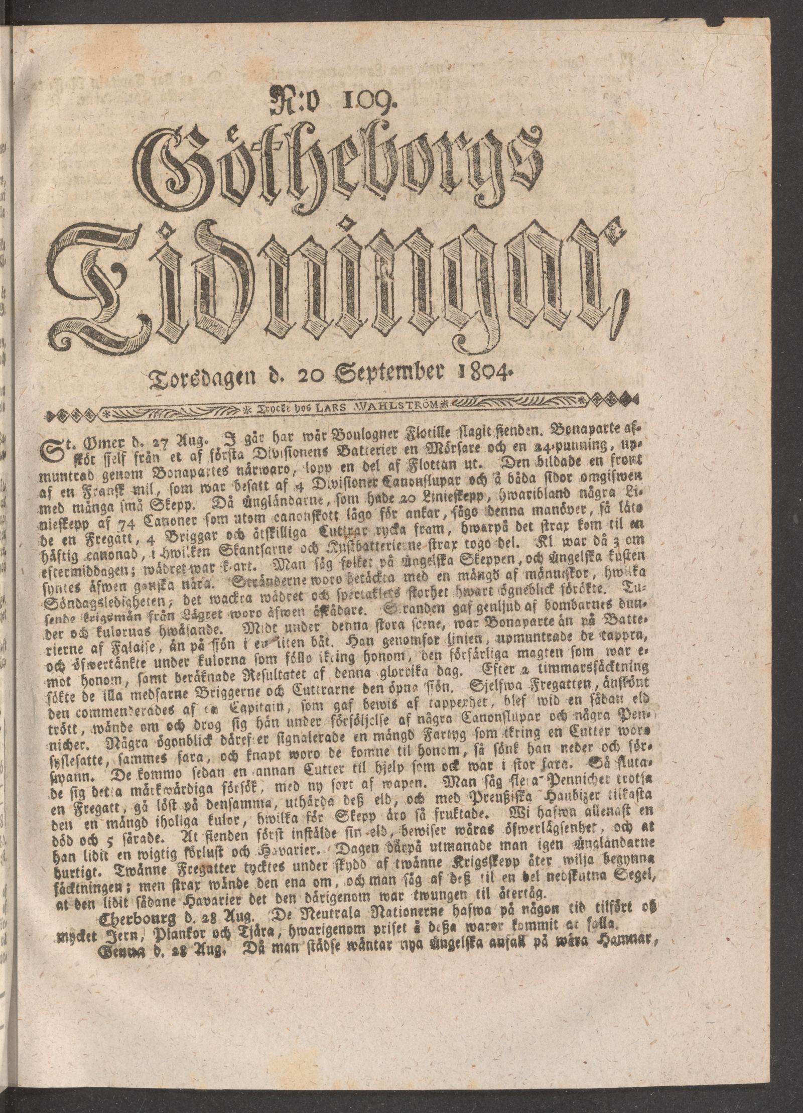 Tidningssida ur GÖTHEBORGS TIDNINGAR, 1804-09-20