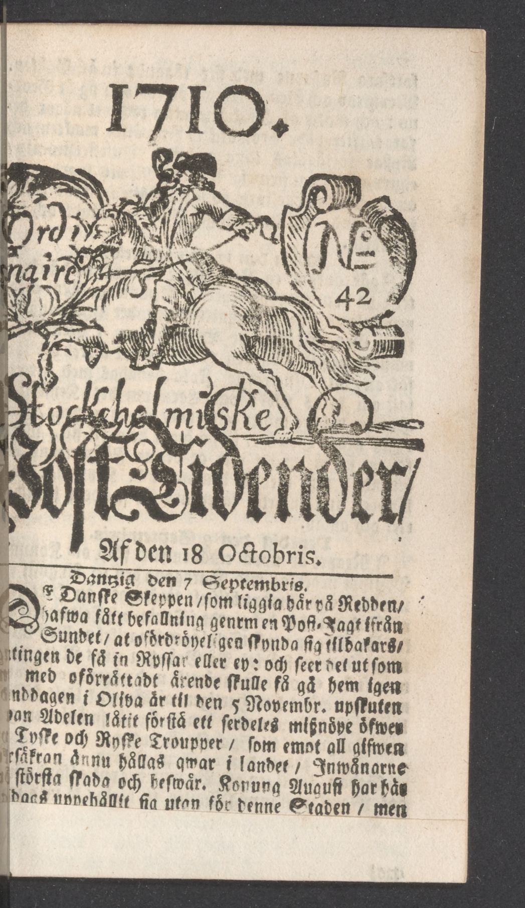 Tidningssida ur POSTTIDNINGAR, 1710-10-18