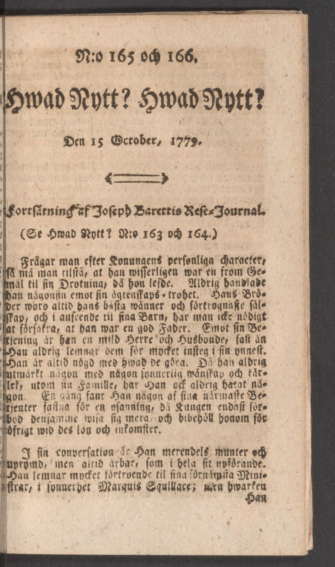 Tidningssida ur HWAD NYTT?, 1779-10-15