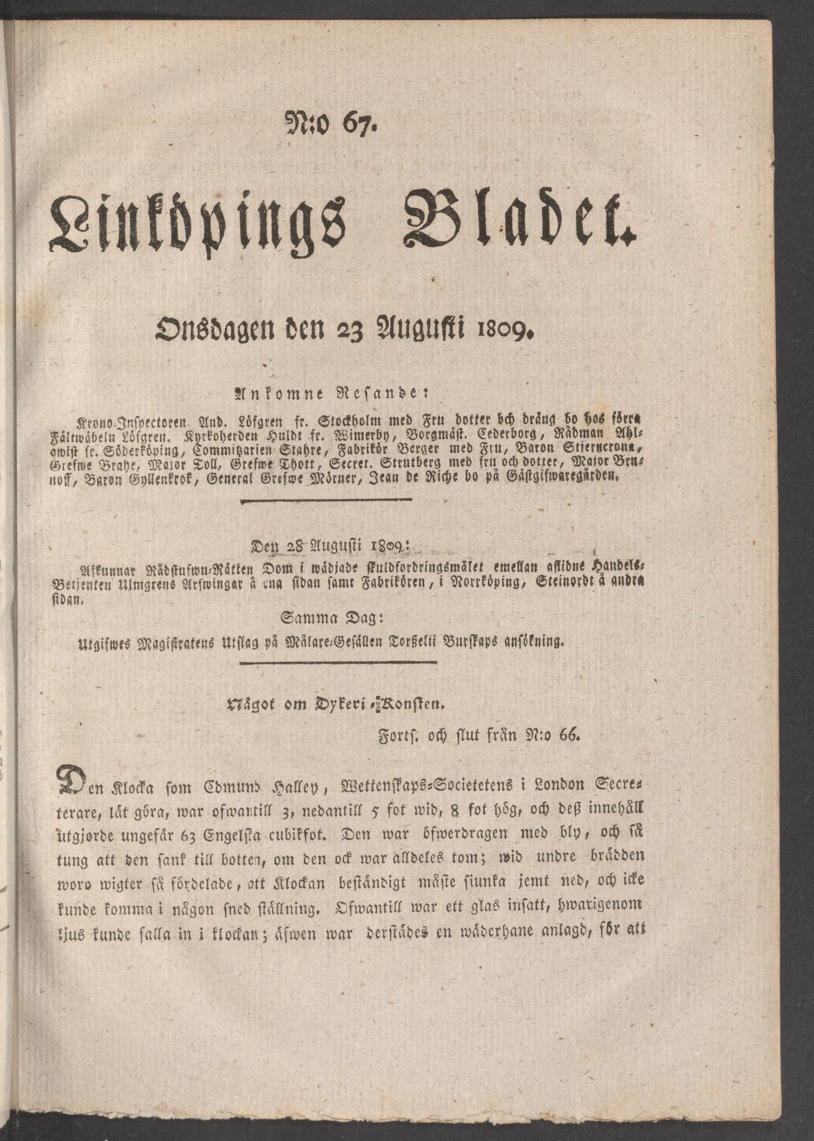 Tidningssida ur LINKÖPINGSBLADET, 1809-08-23