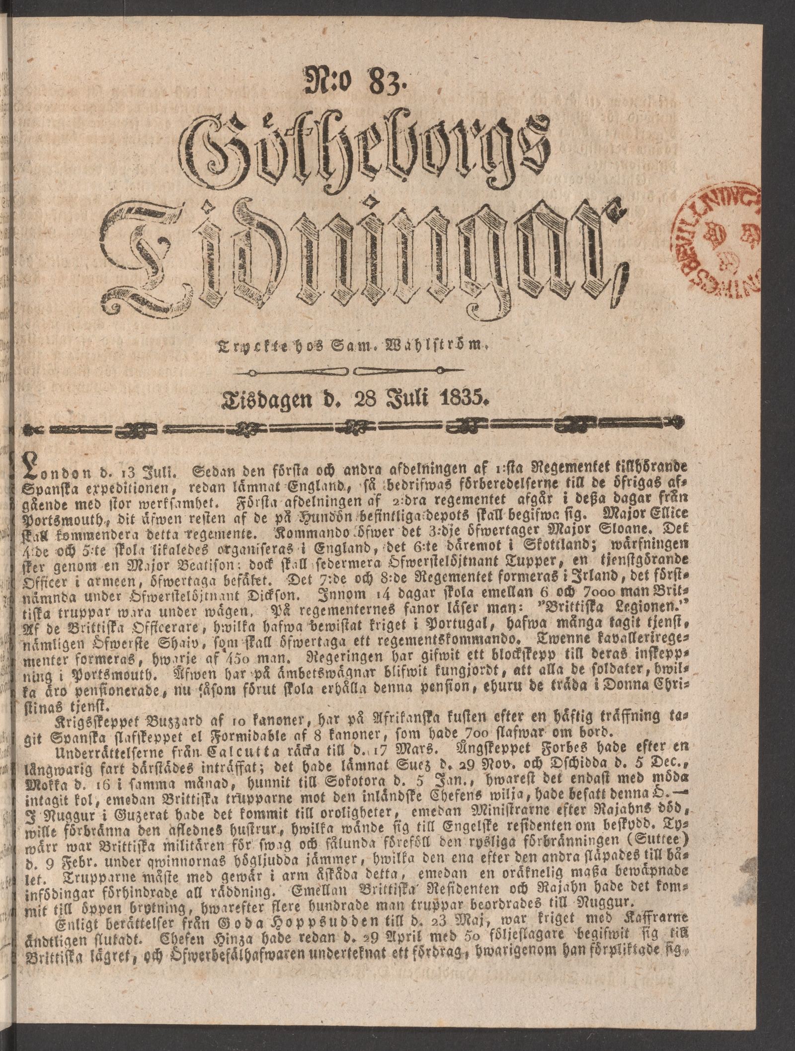 Tidningssida ur GÖTHEBORGS TIDNINGAR, 1835-07-28