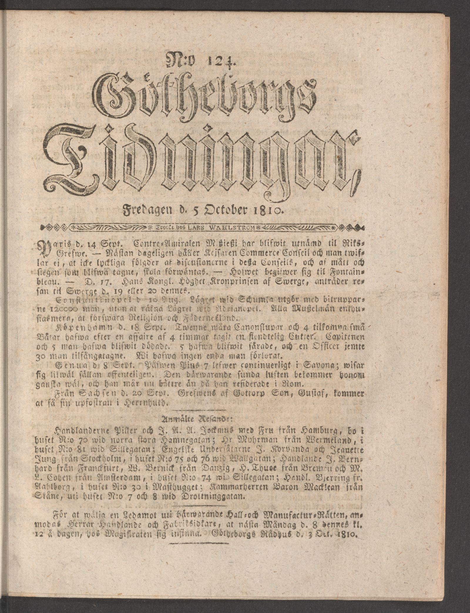 Tidningssida ur GÖTHEBORGS TIDNINGAR, 1810-10-05