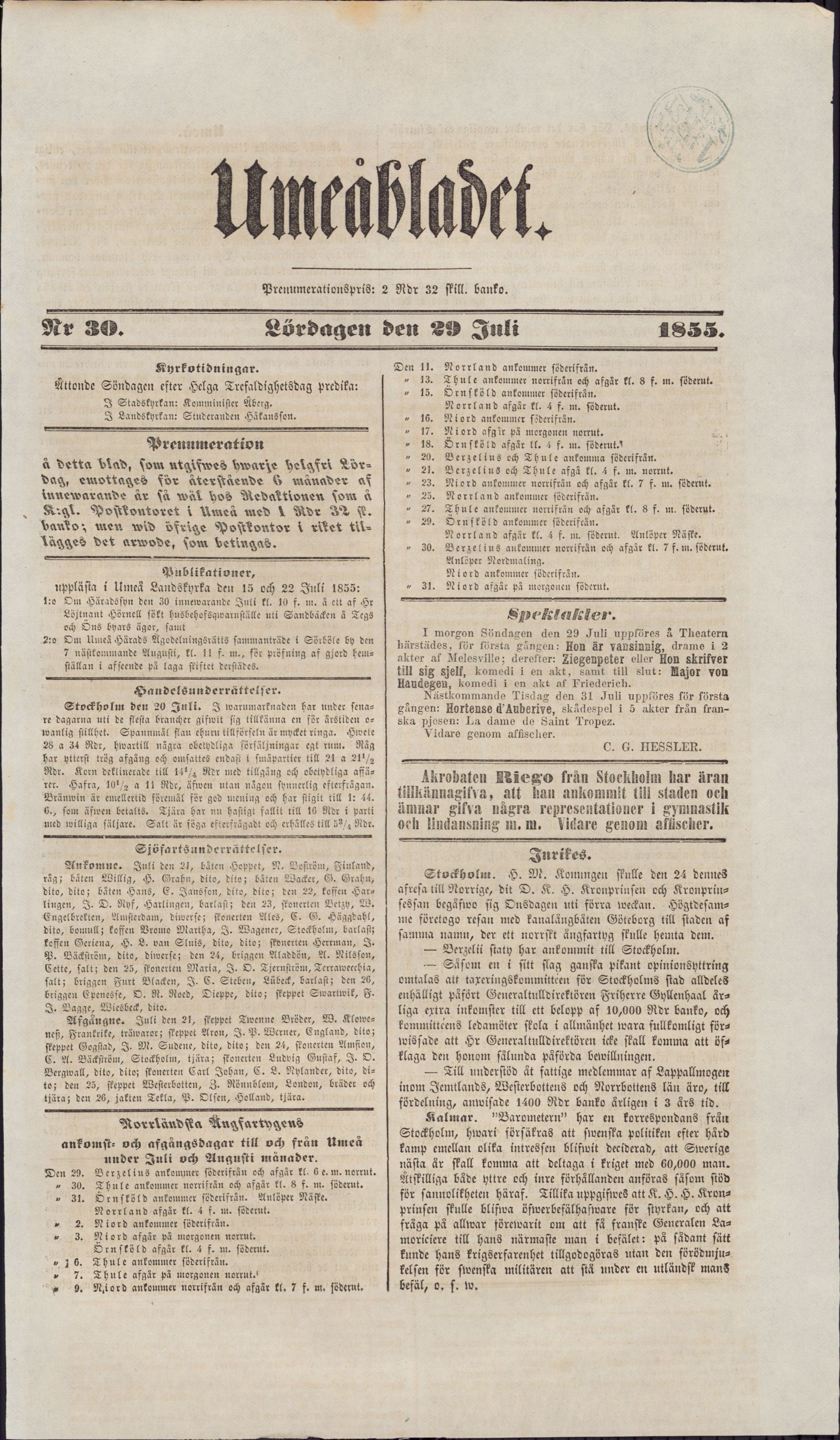Tidningssida ur UMEBLADET, 1855-07-29