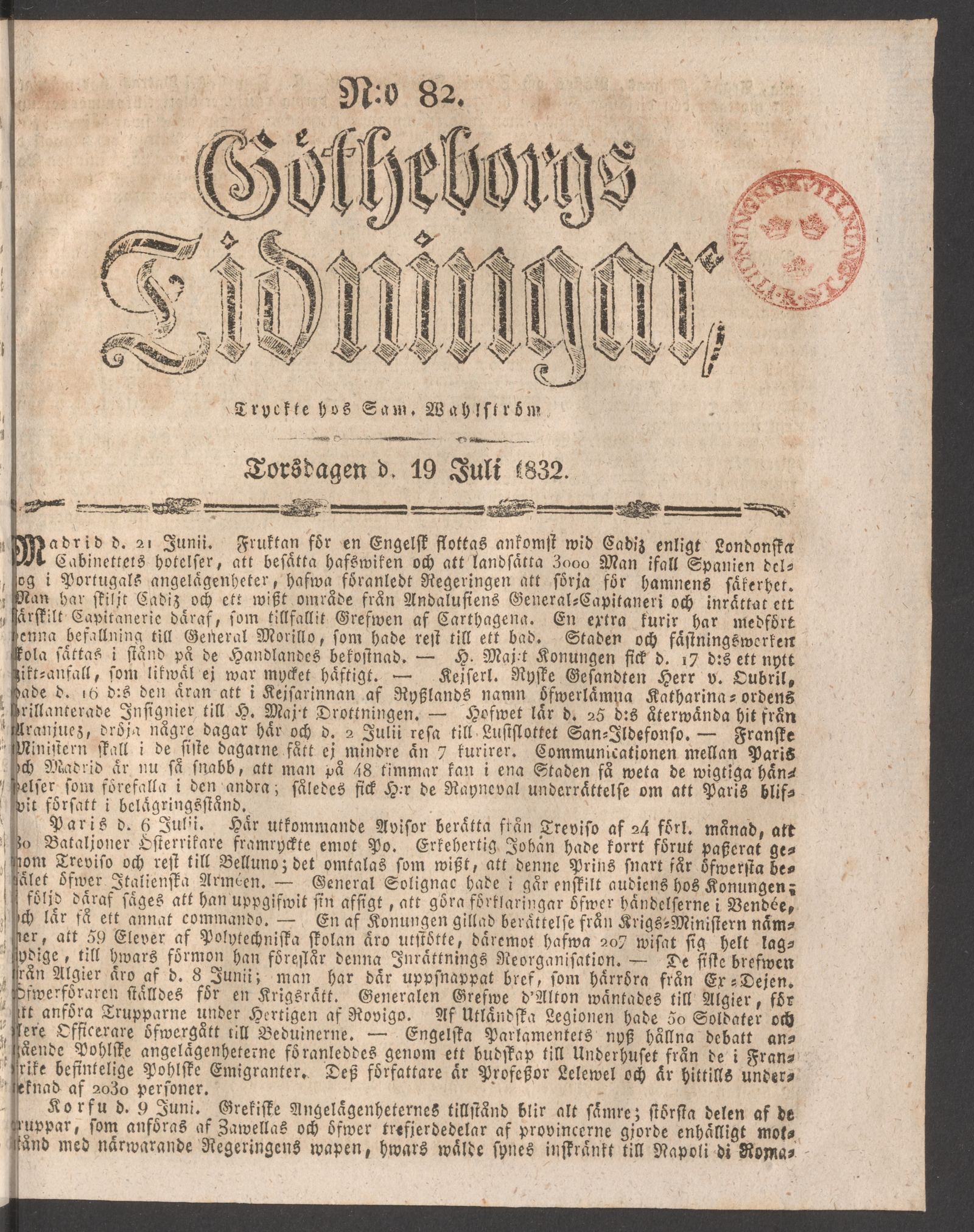 Tidningssida ur GÖTHEBORGS TIDNINGAR, 1832-07-19