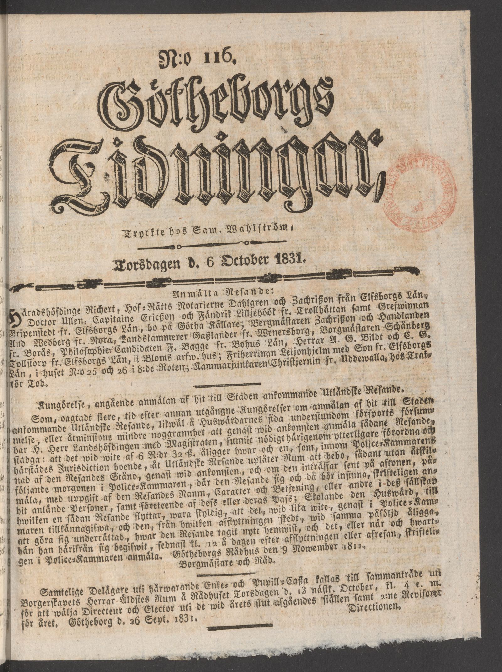 Tidningssida ur GÖTHEBORGS TIDNINGAR, 1831-10-06