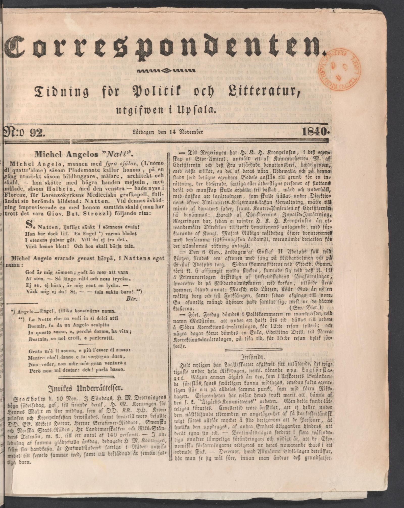 Tidningssida ur Correspondenten, 1840-11-14