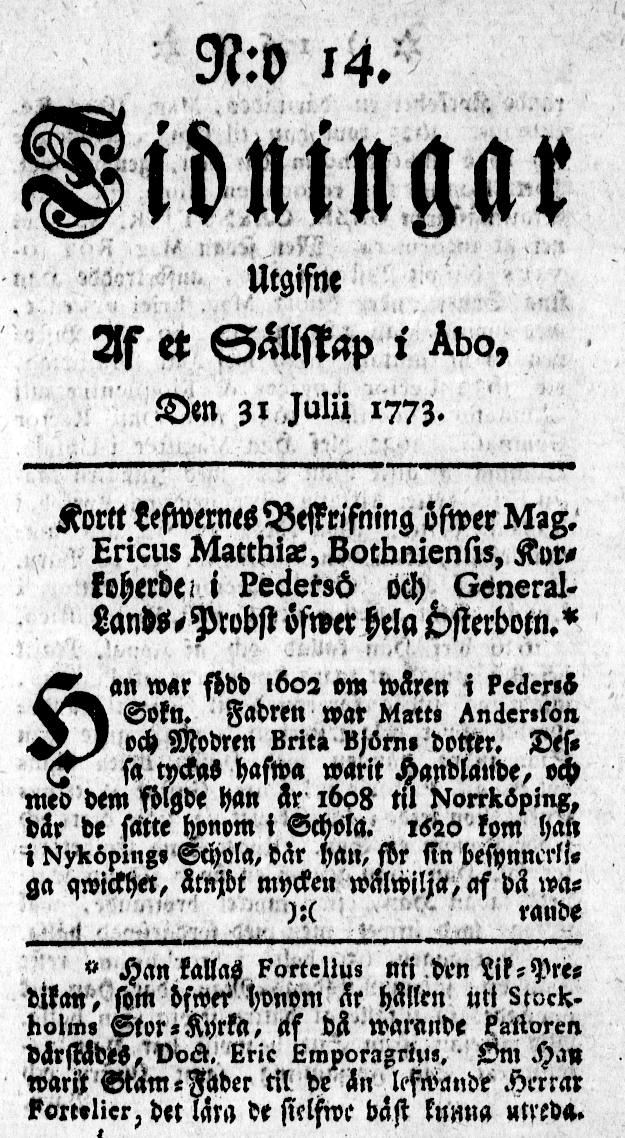 Tidningssida ur TIDNINGAR UTGIFNE AF ET SÄLLSKAP I ÅBO, 1773-07-31