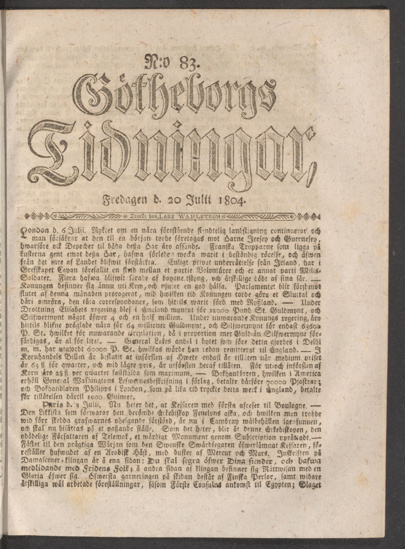 Tidningssida ur GÖTHEBORGS TIDNINGAR, 1804-07-20