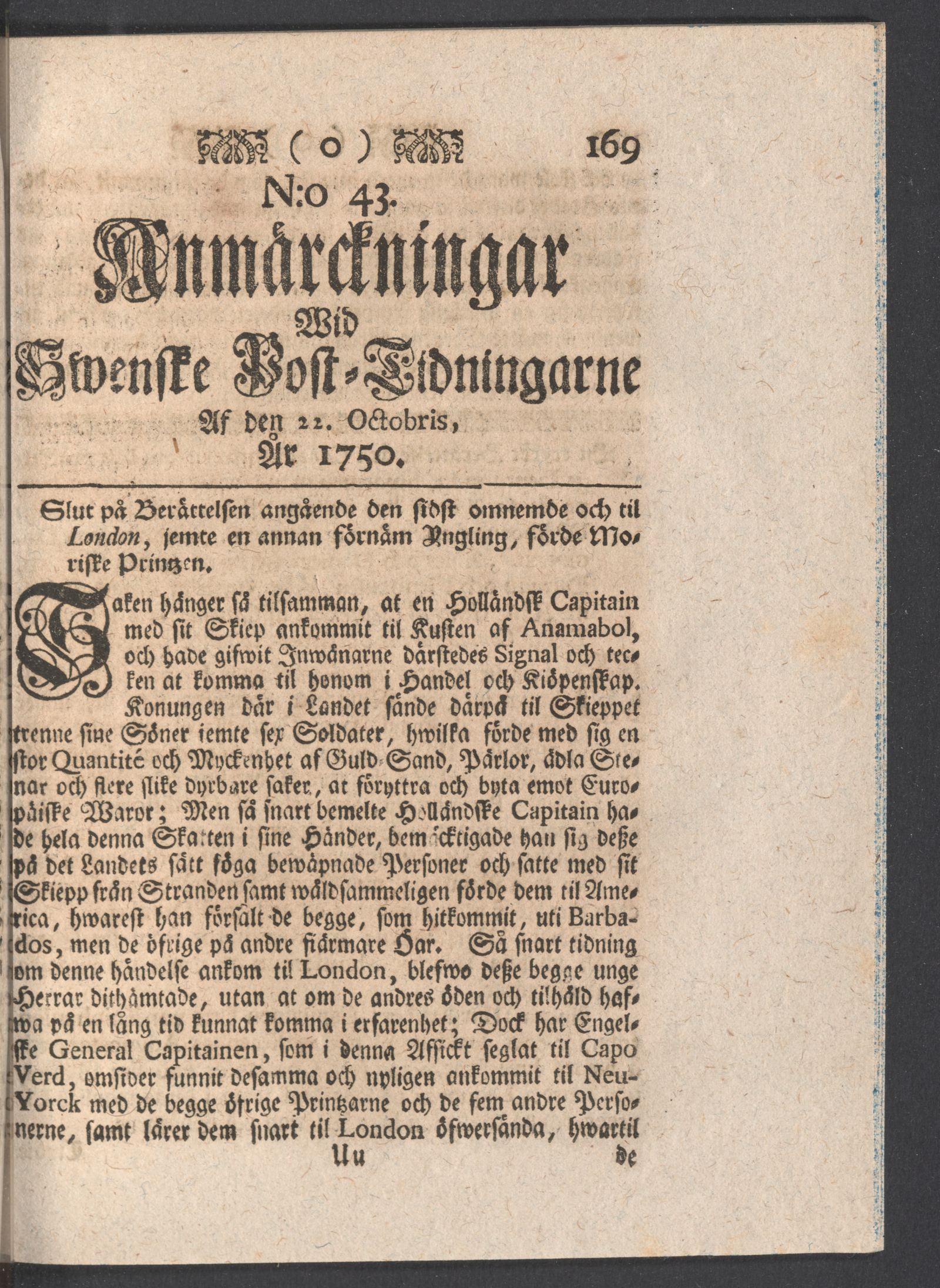 Tidningssida ur ANMÄRCKNINGAR WID SWENSKE POSTTIDNINGARNE, 1750-10-22